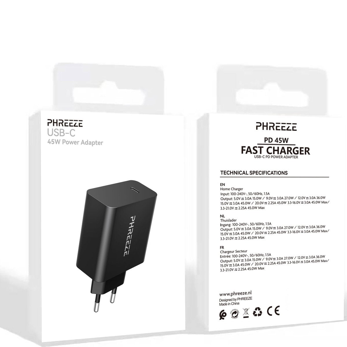 Een zwarte Phreeze USB-C 45W-adapter op een witte doos. Tekst bevat specificaties en het Phreeze-logo.