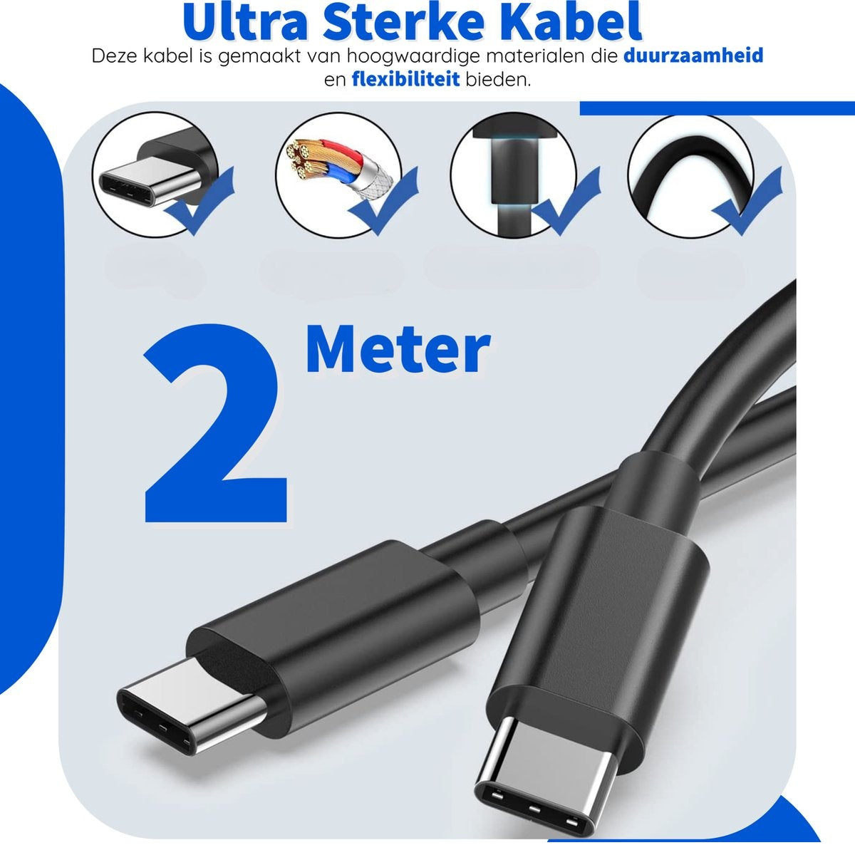 Zwarte USB-C-kabel, met tekst 'Ultra Sterke Kabel' en '2 Meter'. Kabeldetails in kleine cirkels. Blauwe en witte achtergrond.