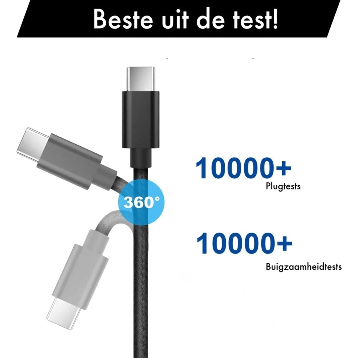 Afbeelding toont een zwarte USB-C kabel met drie schuine connectoren. Tekst toont 'Beste uit de test!' en testresultaatcijfers.