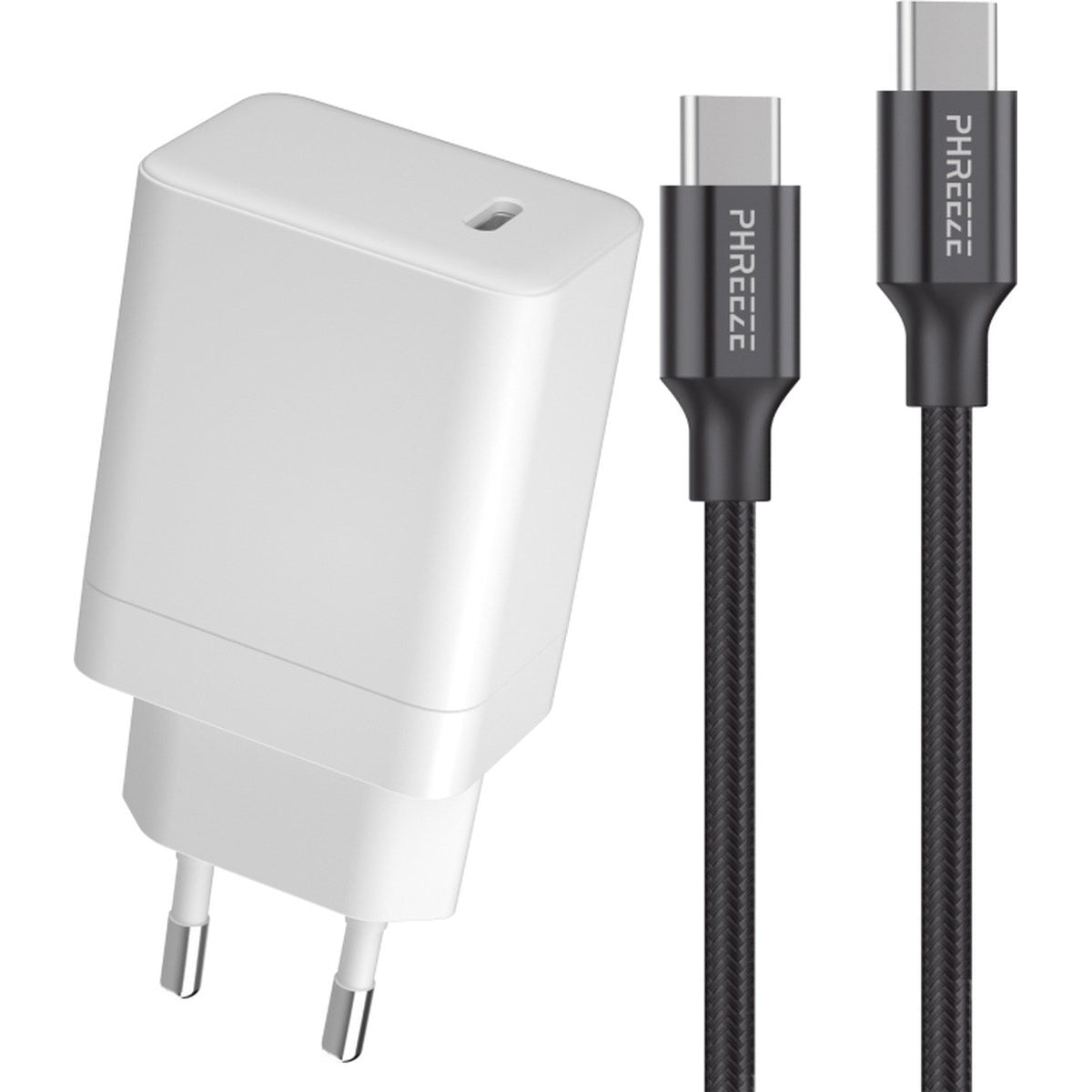 Witte oplader met twee pinnen en twee zwarte USB-C-kabels op een witte achtergrond. De kabels zijn gemarkeerd met 'PHREEZE'.