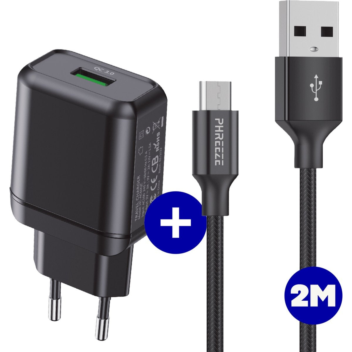 Zwarte oplader met een USB-C-kabel en een USB-kabel. Een blauw plus-teken in het midden. Een blauw 2M-teken onderaan.