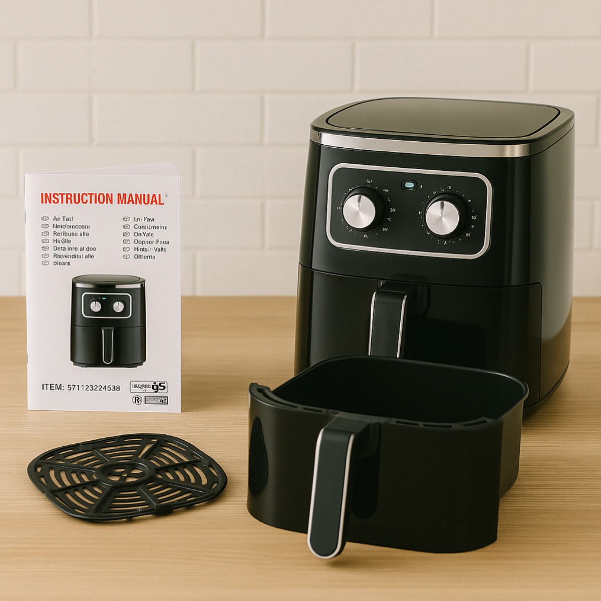 Eine schwarze Heißluftfritteuse mit Korb, Handbuch und Grill auf einer Holzoberfläche. Der Hintergrund ist eine weiße Ziegelmauer.