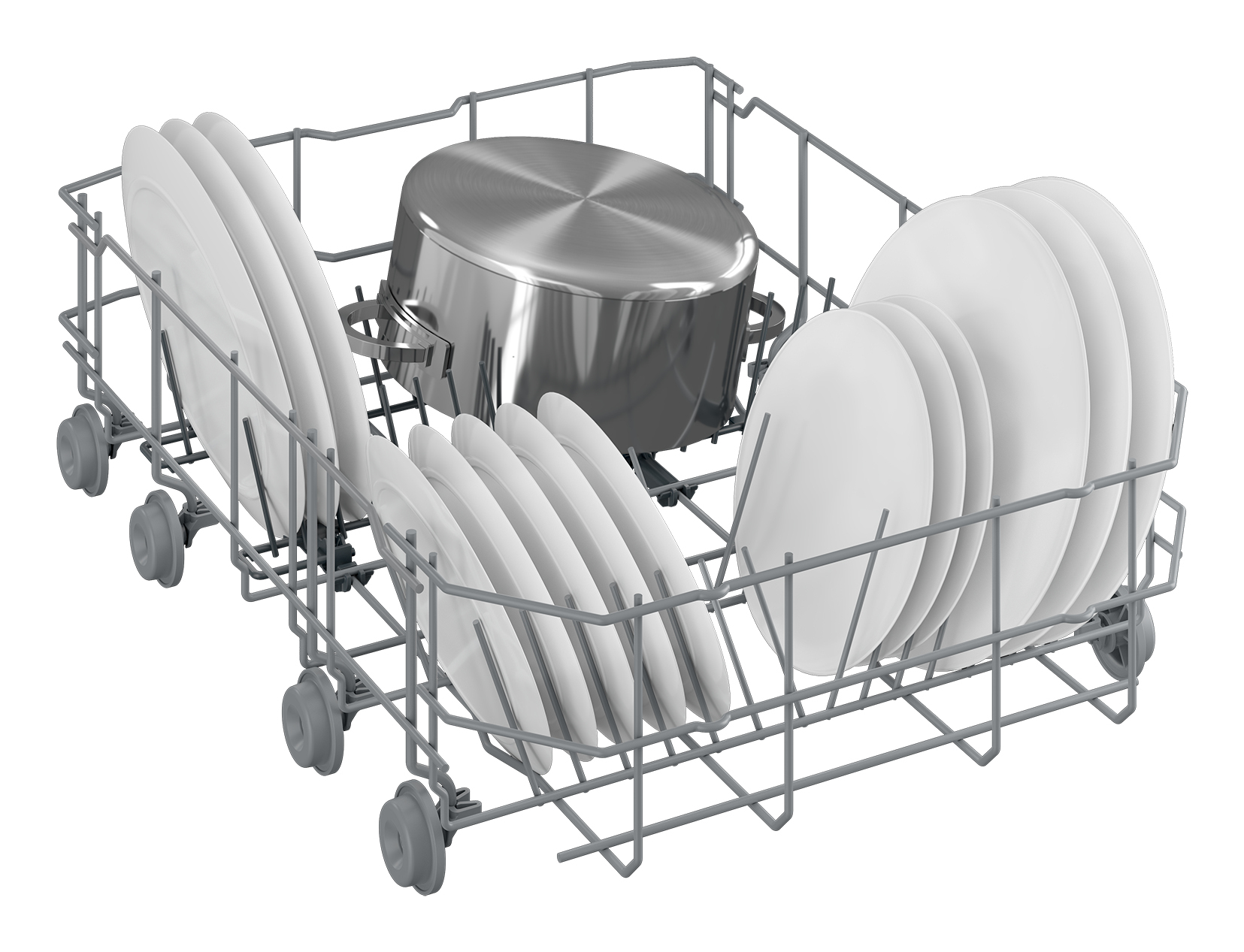 Stojak do zmywarki wypełniony białymi talerzami i metalowym garnkiem. Stojak jest szary i ma kółka.