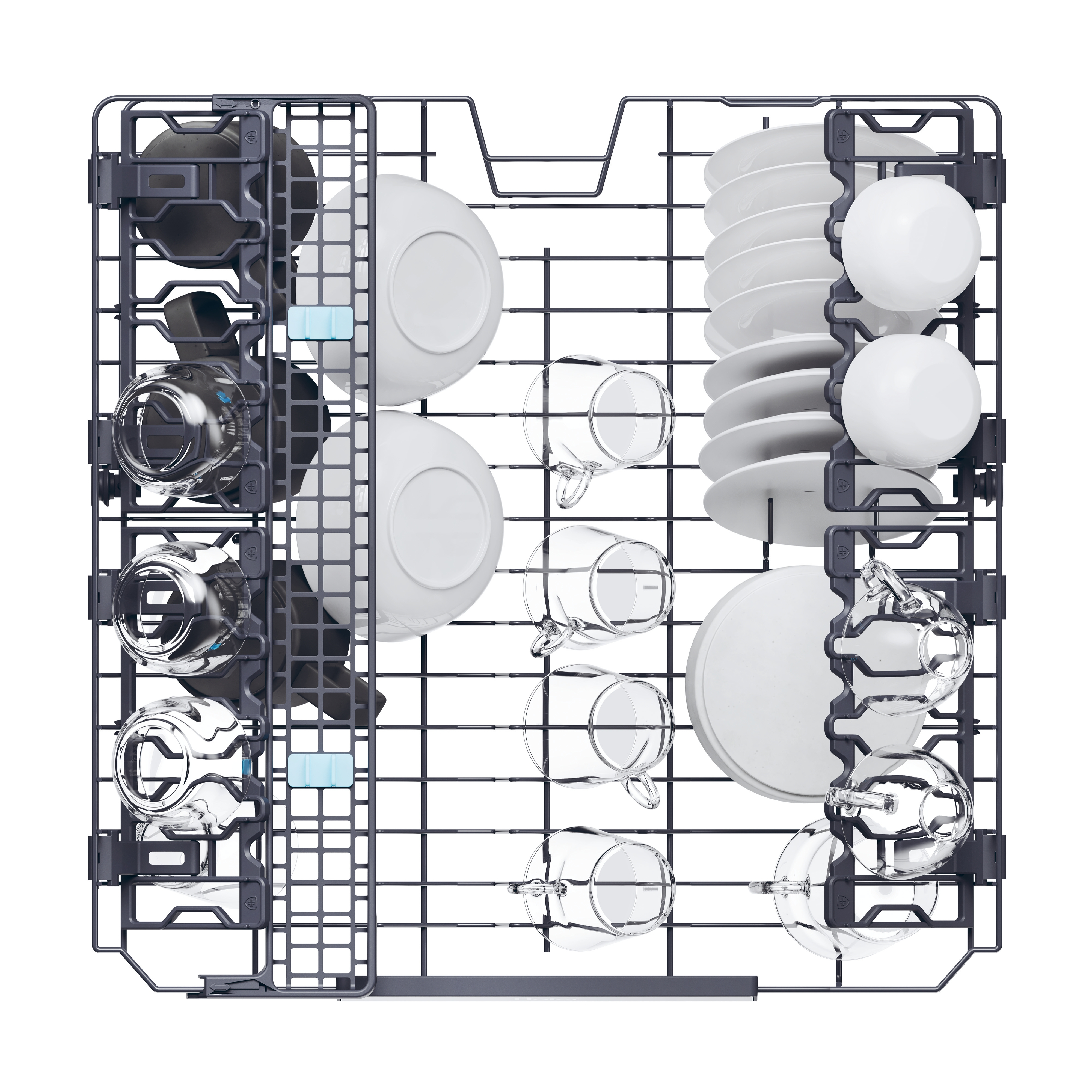 Rejilla de lavavajillas cargada con platos, vasos y tazas. Los platos están apilados, los vasos son transparentes, todo organizado en una rejilla de metal.