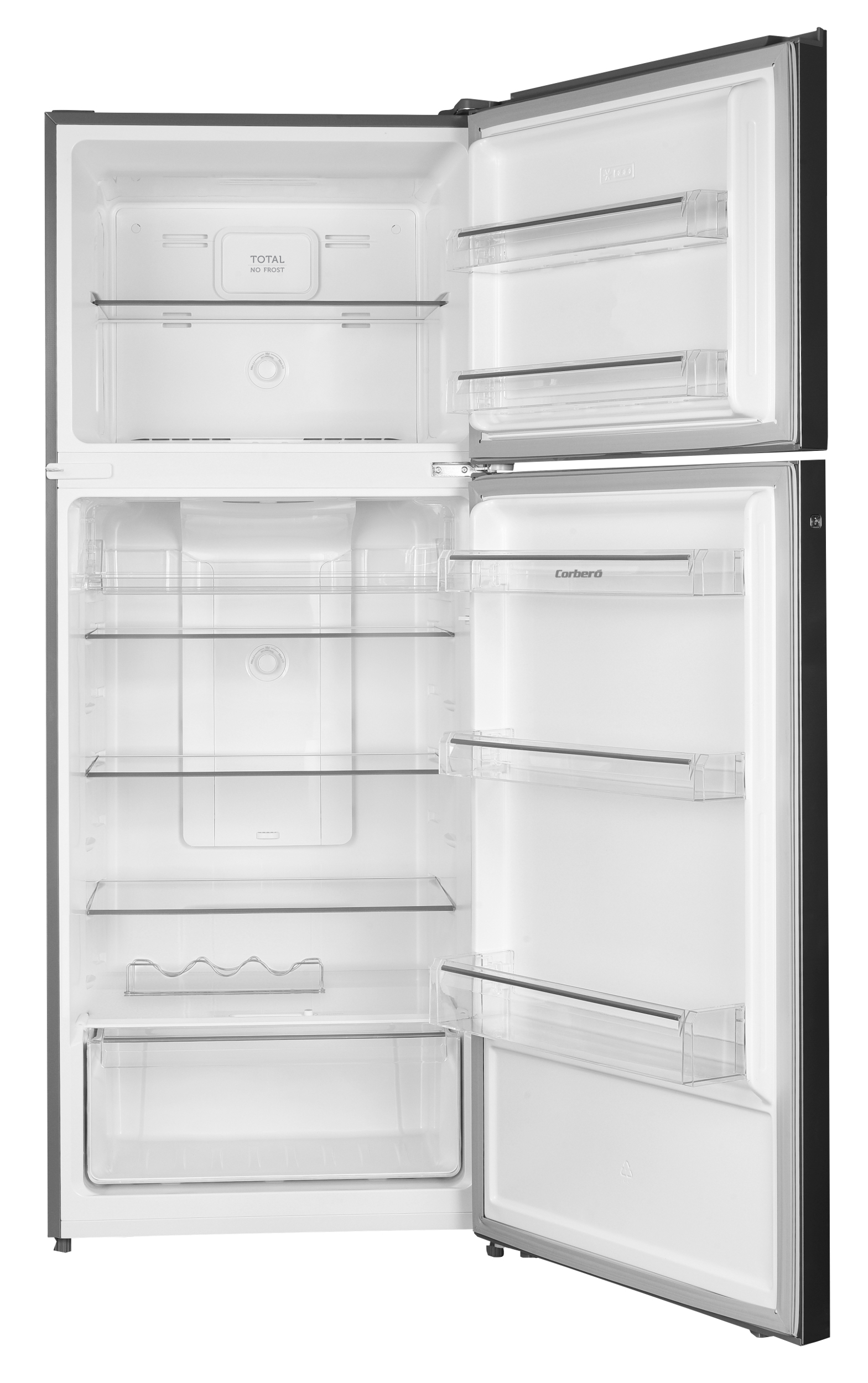 Un refrigerador abierto con estantes y compartimentos de puerta vacíos. El interior es blanco.