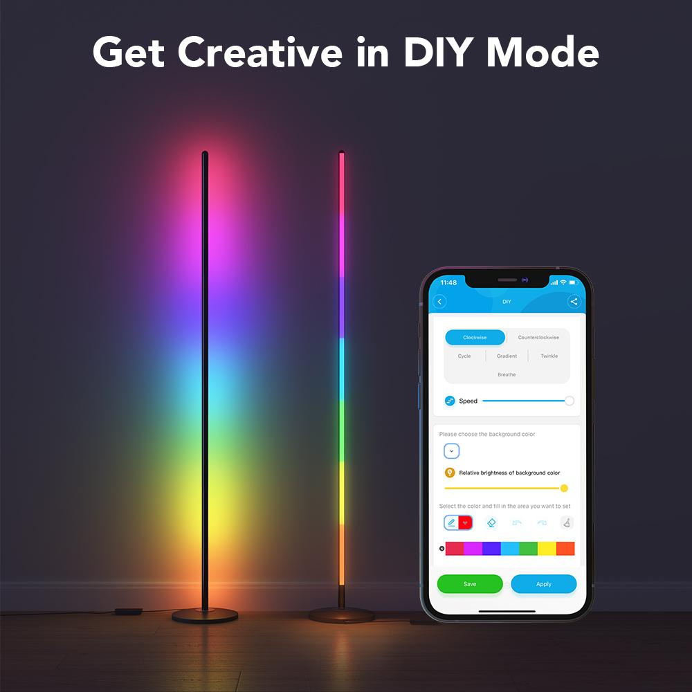 Dwie podłogowe lampy LED z gradientami kolorów. Telefon wyświetla elementy sterujące do dostosowywania kolorów i efektów.