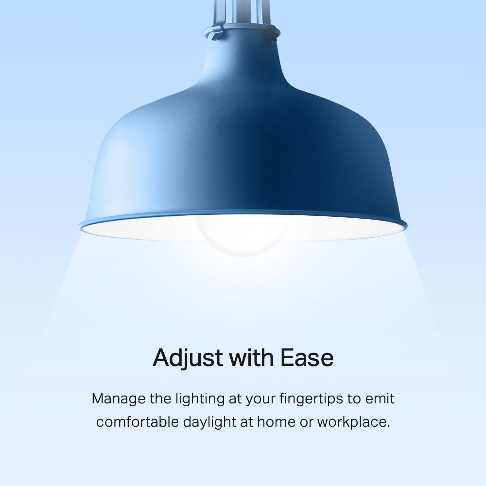 Une lampe suspendue bleue avec une ampoule brillante, émettant de la lumière vers le bas. Texte en dessous : Ajuster facilement.