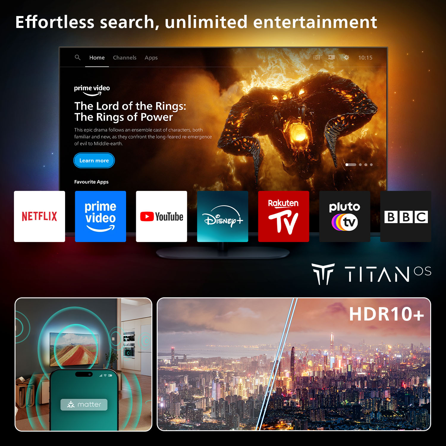 Ekran telewizora wyświetla 'Władcę Pierścieni'. Poniżej znajdują się ikony aplikacji: Netflix, Prime Video, YouTube, Disney+, Rakuten TV, Pluto TV i BBC.