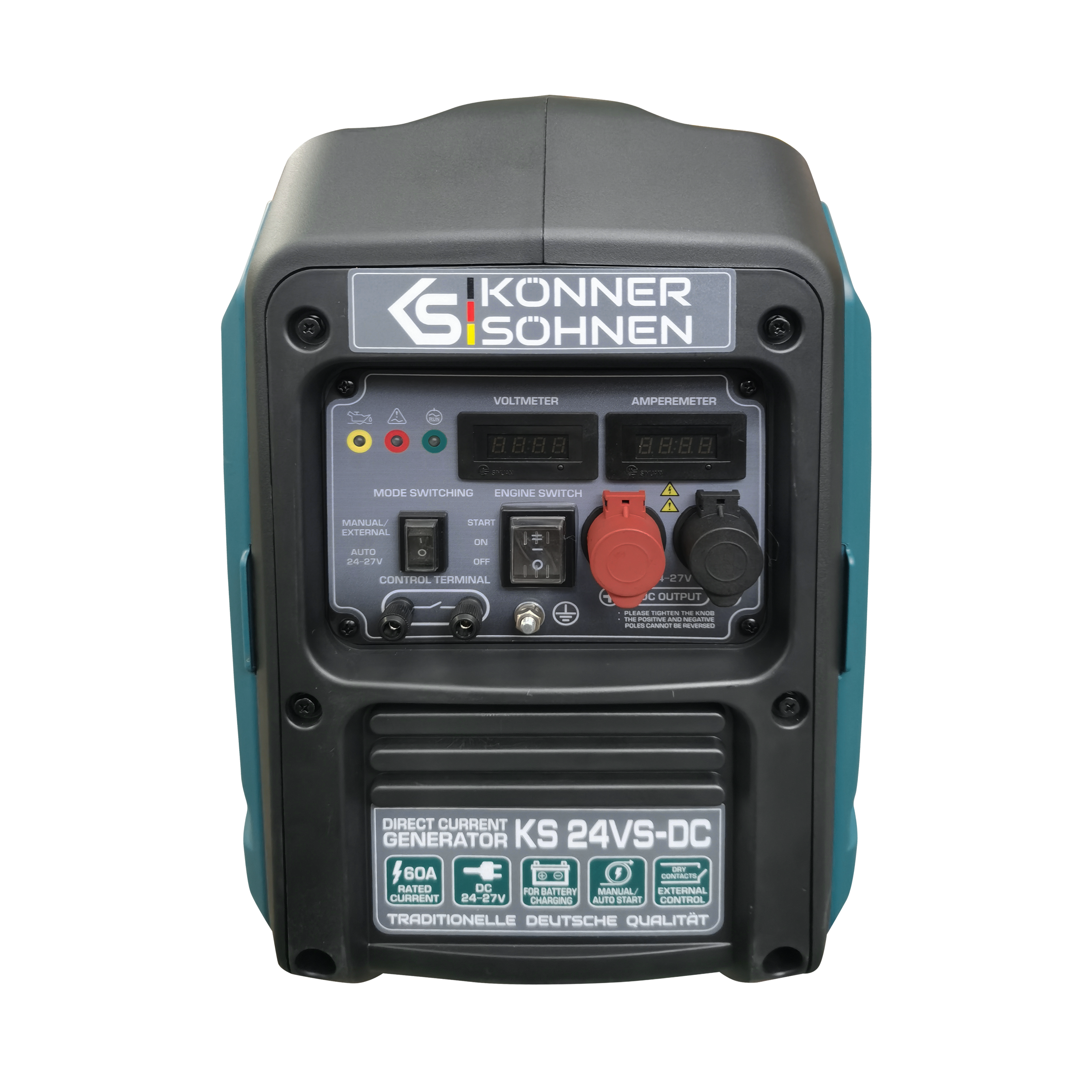 Czarny i turkusowy panel przedni generatora. Posiada przełączniki, wyświetlacze i porty wyjściowe. Widoczna jest nazwa marki.