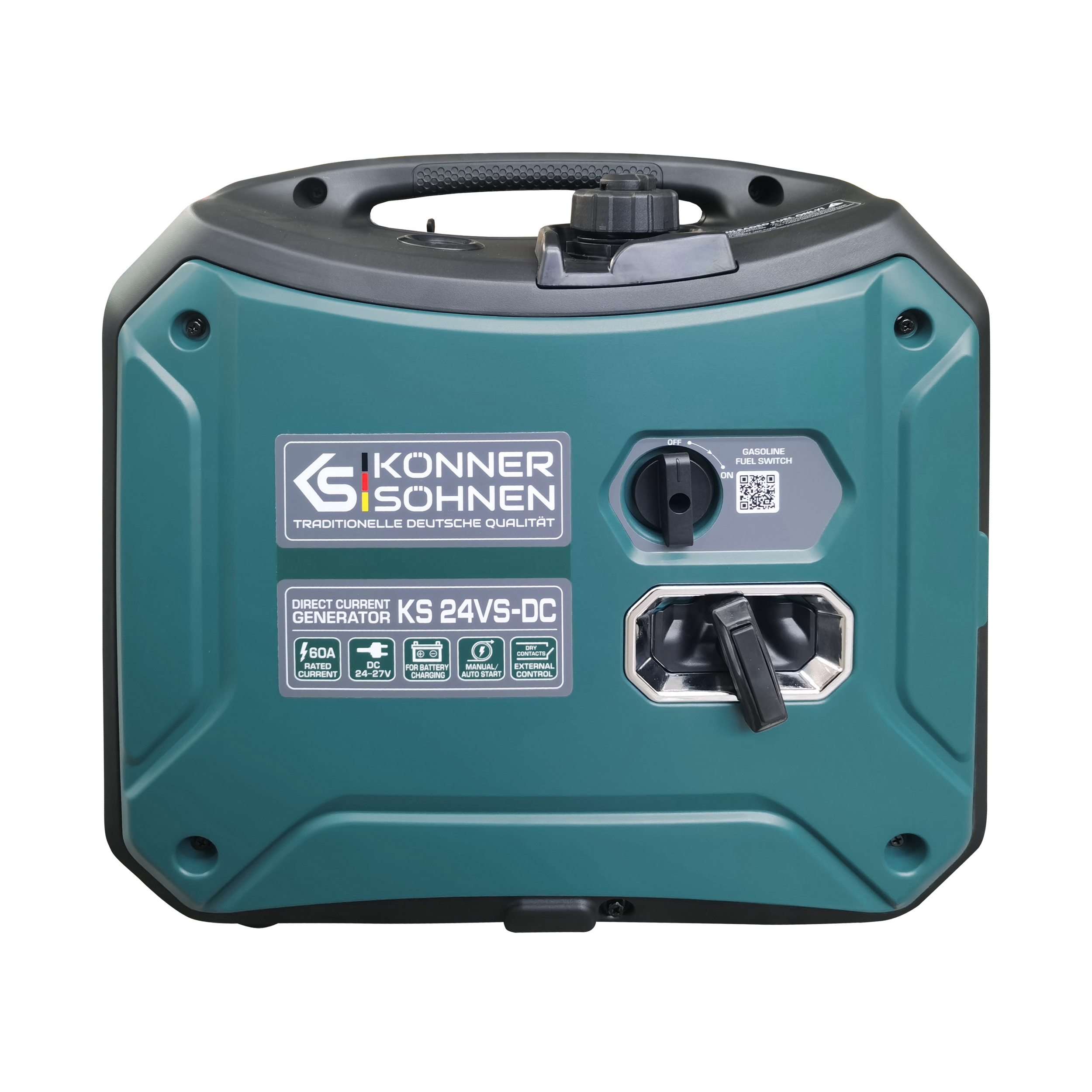 Zielony generator z czarnymi akcentami. Ma uchwyt, panel sterowania i wiele portów wejścia/wyjścia.