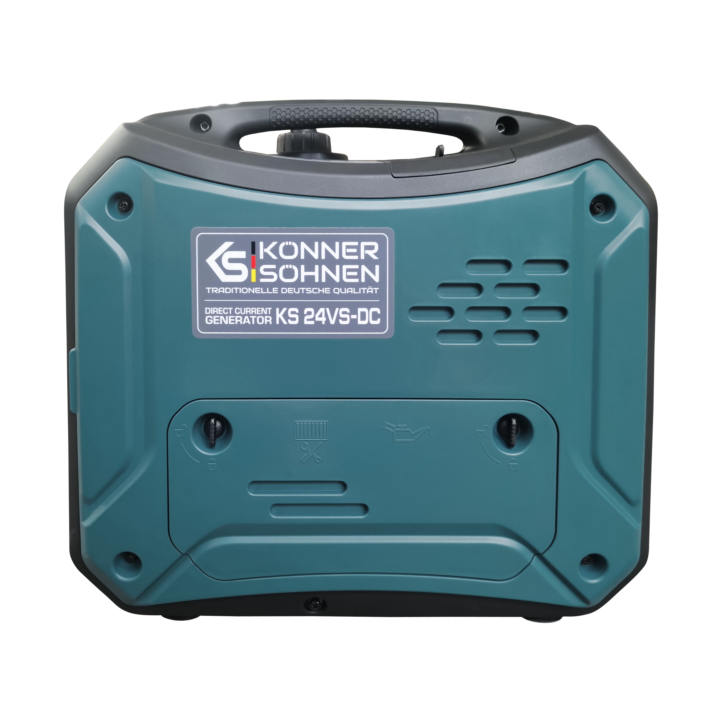 Generator w kolorze turkusowo-czarnym. Ma uchwyt i etykietę z napisem 'KONNER SOHNEN'. Jest to generator prądu stałego.