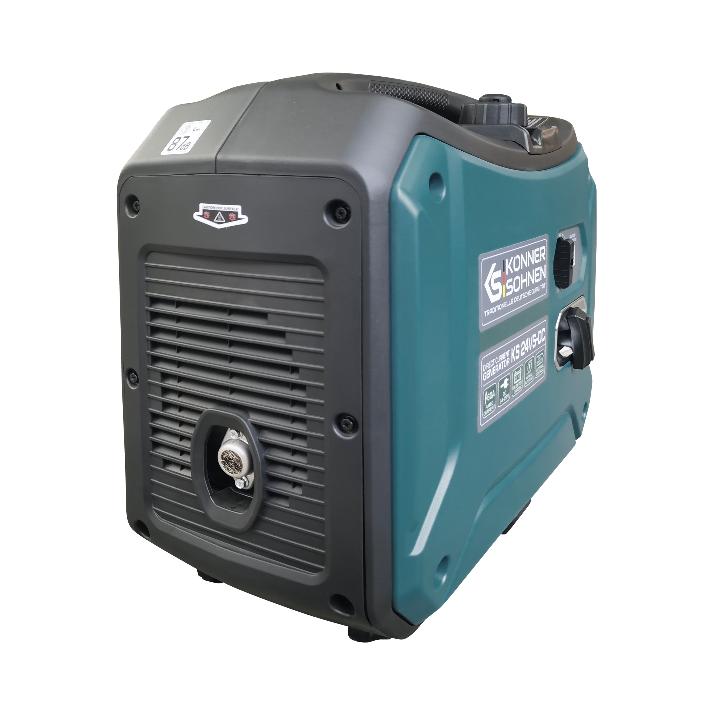 Pokazany jest turkusowo-czarny generator. Ma etykiety i przyciski. Tło jest jednolicie białe.