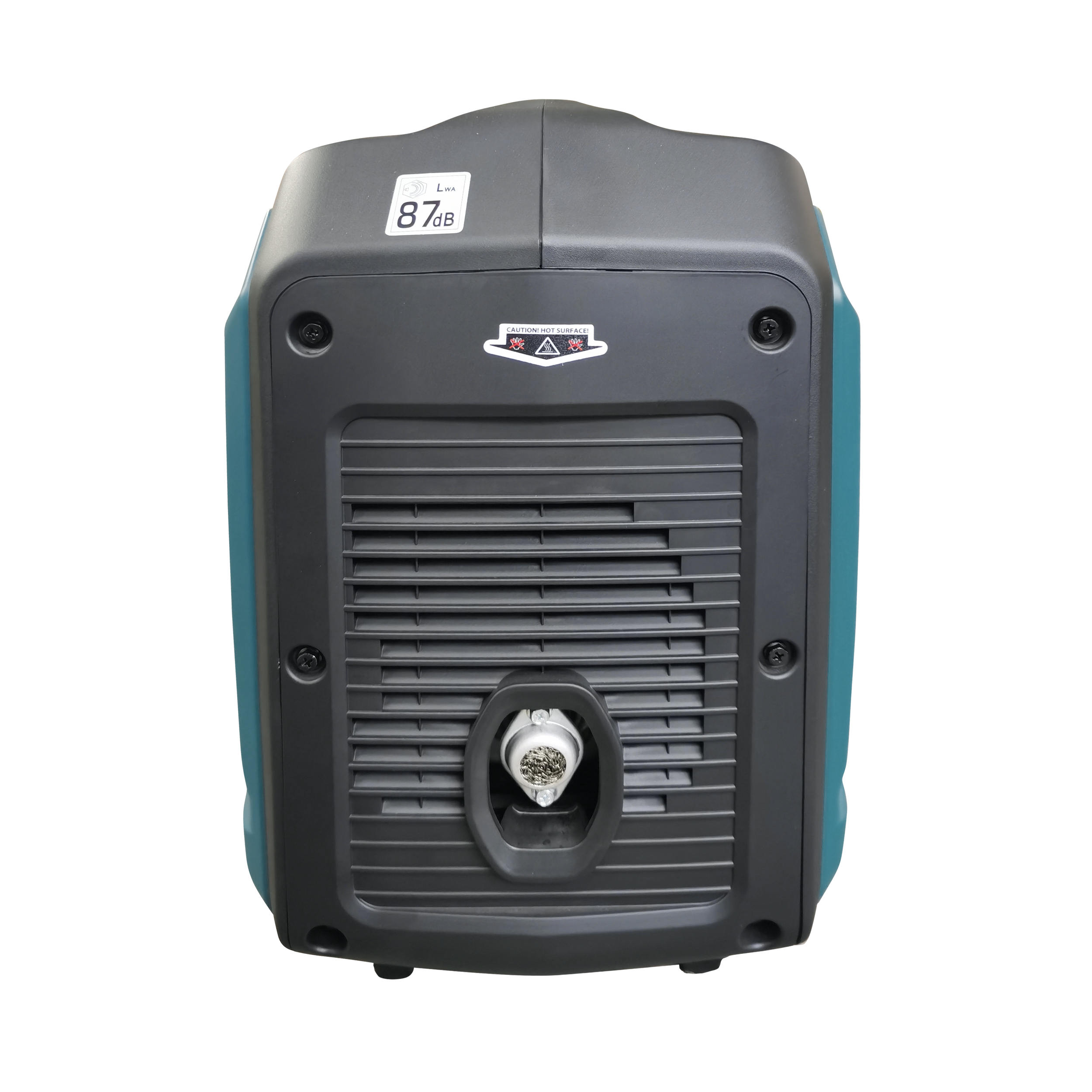 Widok z tyłu czarno-zielonego agregatu. Posiada otwory wentylacyjne, gniazdo zasilania i naklejkę z poziomem hałasu.