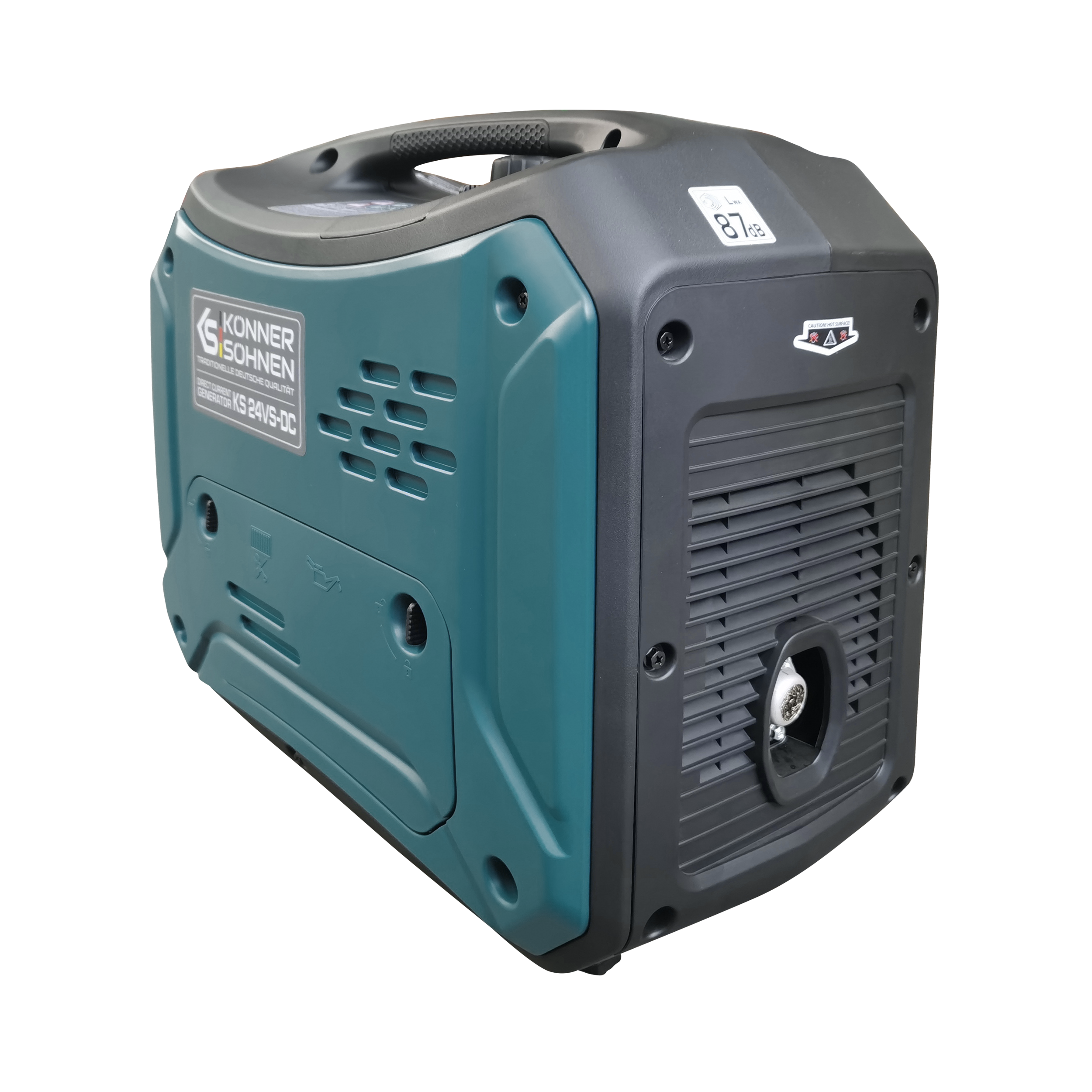 Zielono-czarny generator z marką 'KONNER SOHNEN'. Ma uchwyt u góry i wentylację.