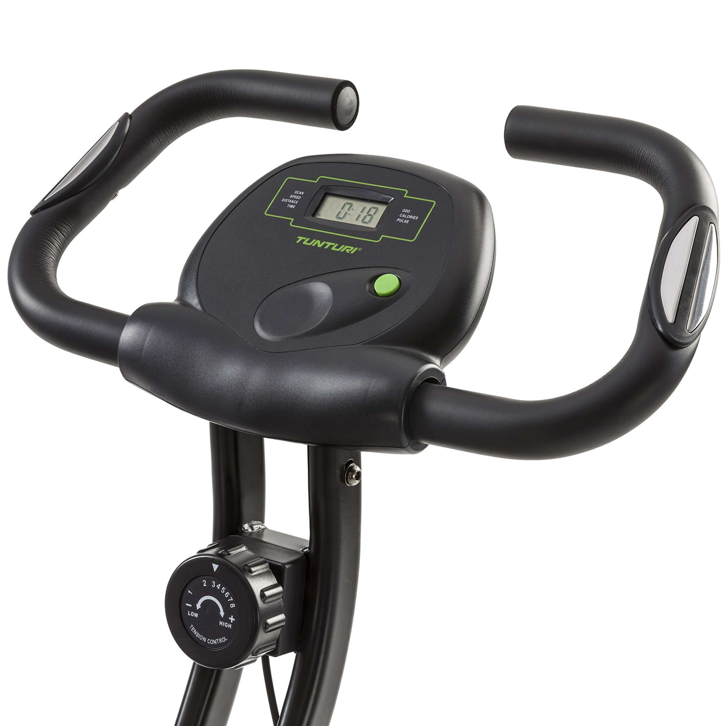 Zwart trainingsfietsstuur met digitale tijdsweergave. Daaronder een spanningsknop.