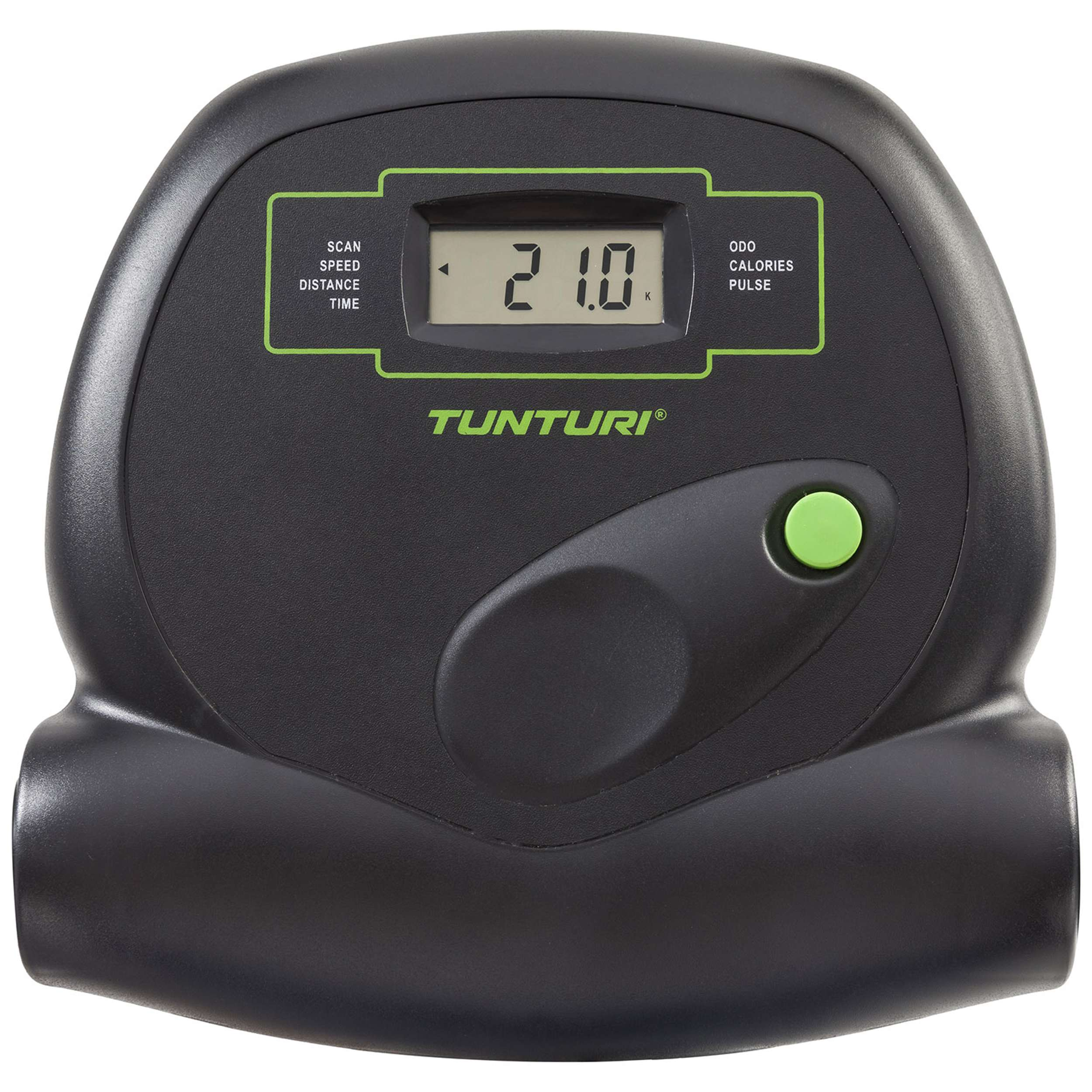 Zwarte Tunturi trainingsmachineconsole met een display met 21,0k en een groene knop. Tekst zegt Scan, Speed, Distance, Time.