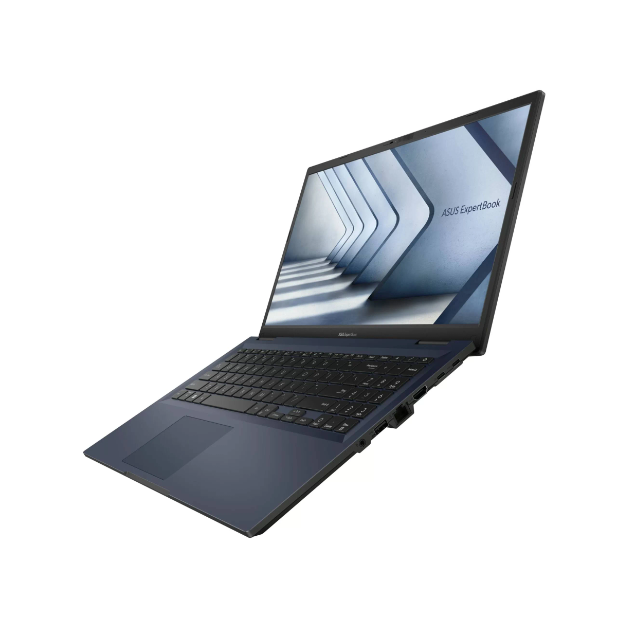 Un laptop ASUS ExpertBook è angolato su una superficie bianca. Lo schermo mostra una grafica. Tastiera e touchpad sono visibili. Il laptop è blu.