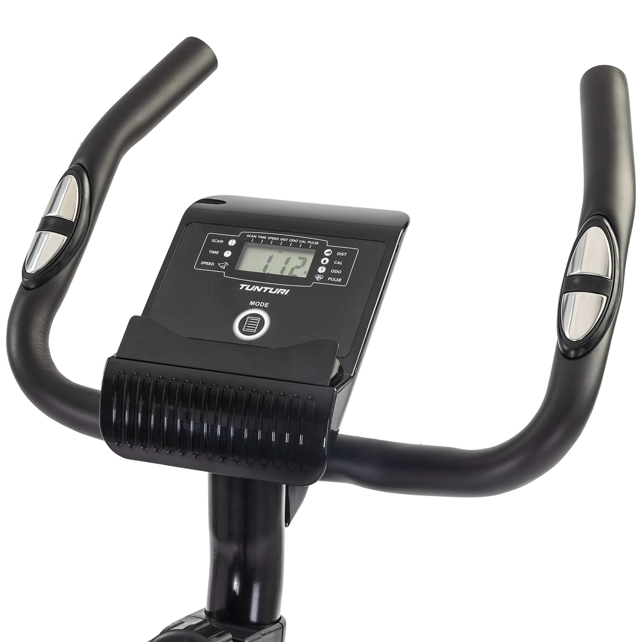 A black exercise bike console with digital display showing '112'. It has handlebars with silver buttons.