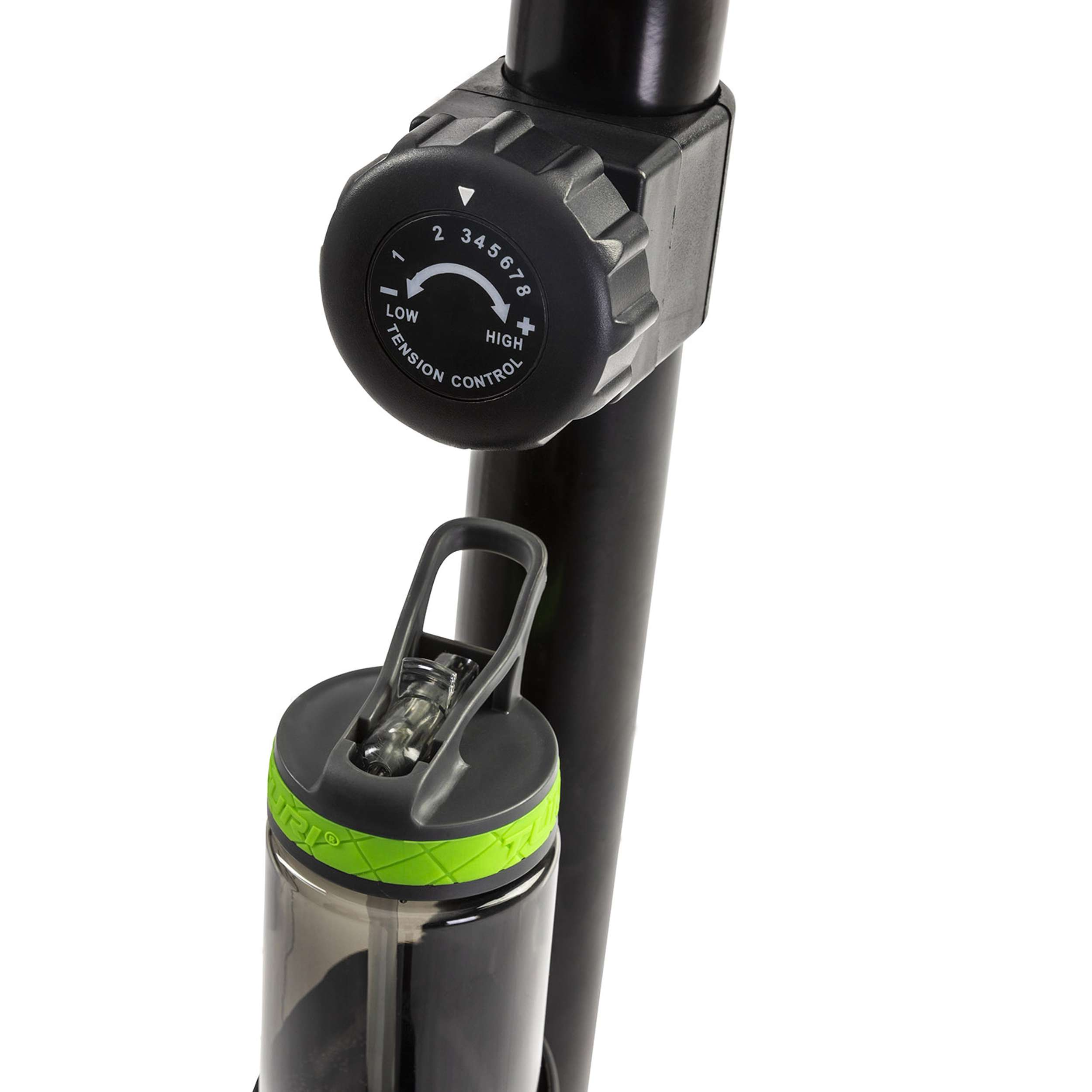 Black exercise machine component with a dial for tension control and a water bottle.