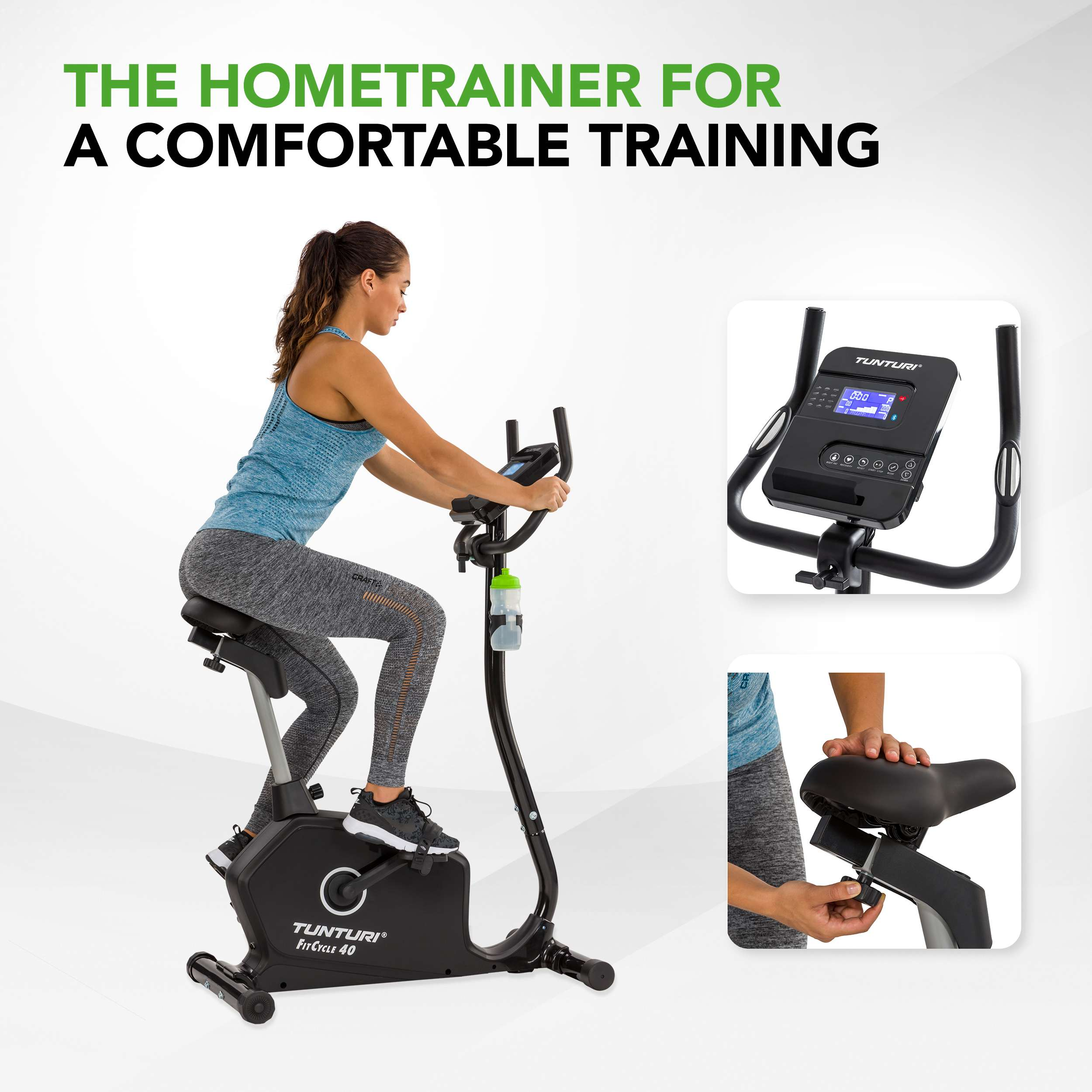 Een vrouw op een hometrainer. Close-ups tonen de console en de stoelverstelling. Tekst: De Hometrainer voor een comfortabele training.