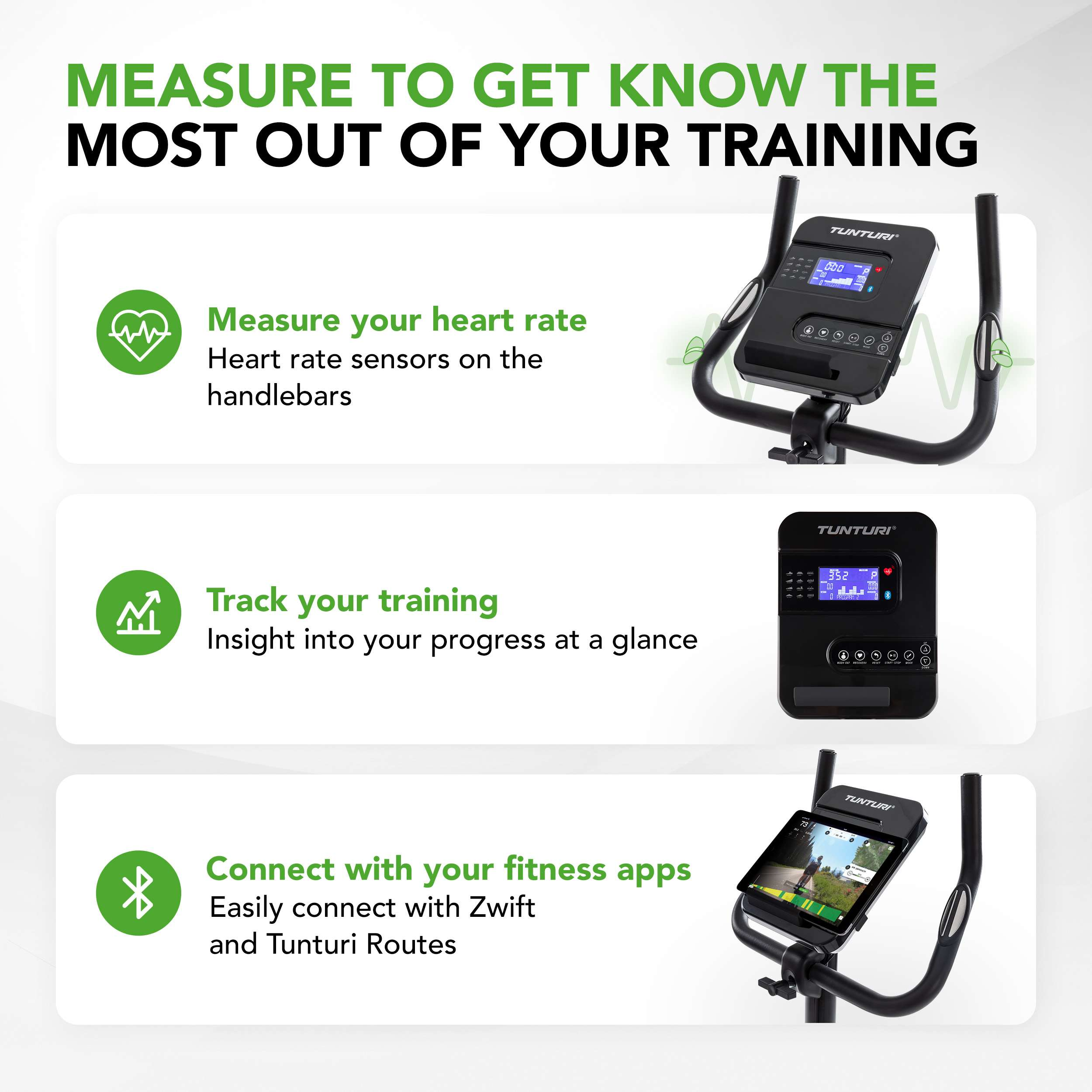 Een hometrainer toont trainingsgegevens. Grafieken tonen hartslag, voortgang en app-connectiviteit. Tekst benadrukt kenmerken.
