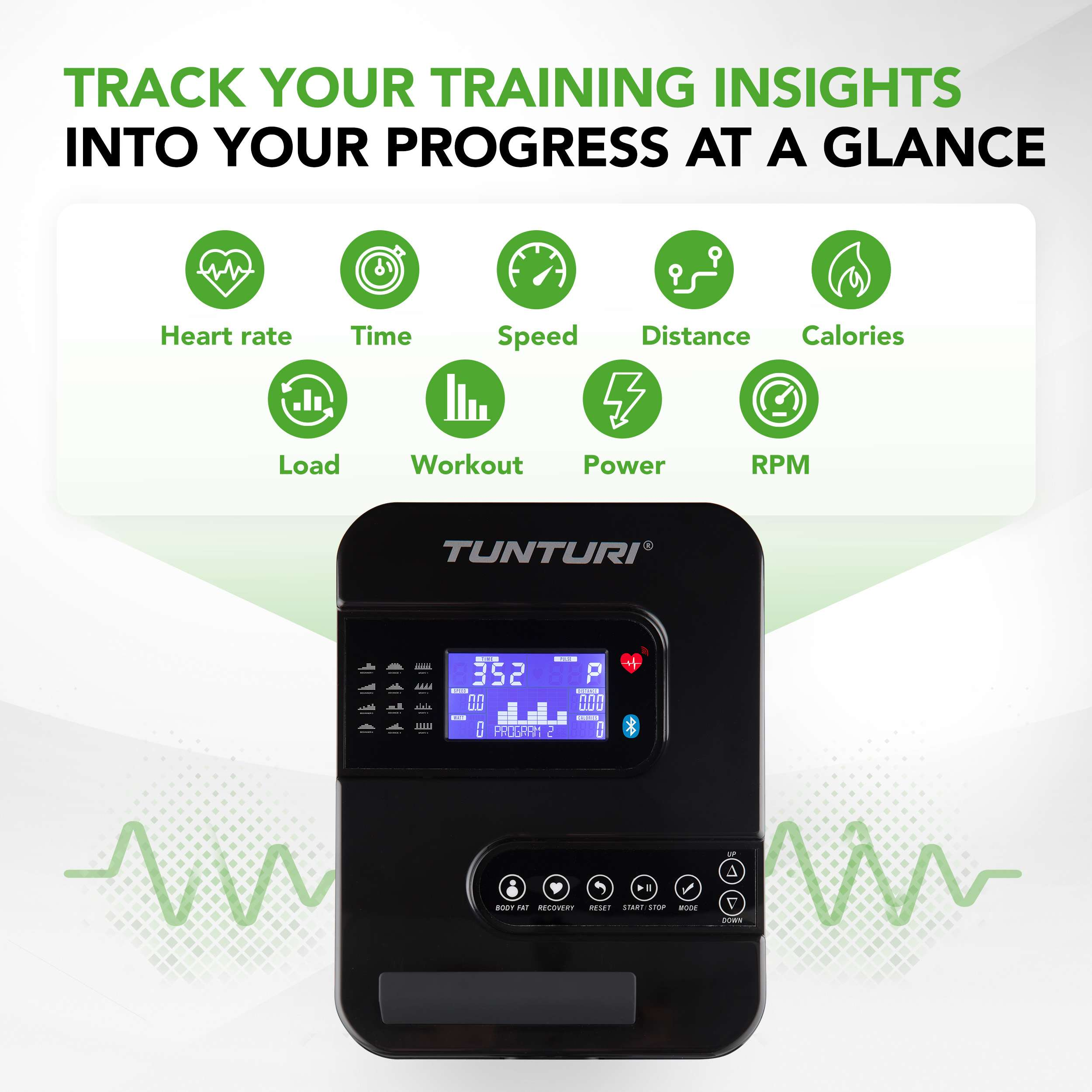 Zwarte fitnessmachine met digitaal scherm met trainingsgegevens, zoals tijd, snelheid en hartslag.
