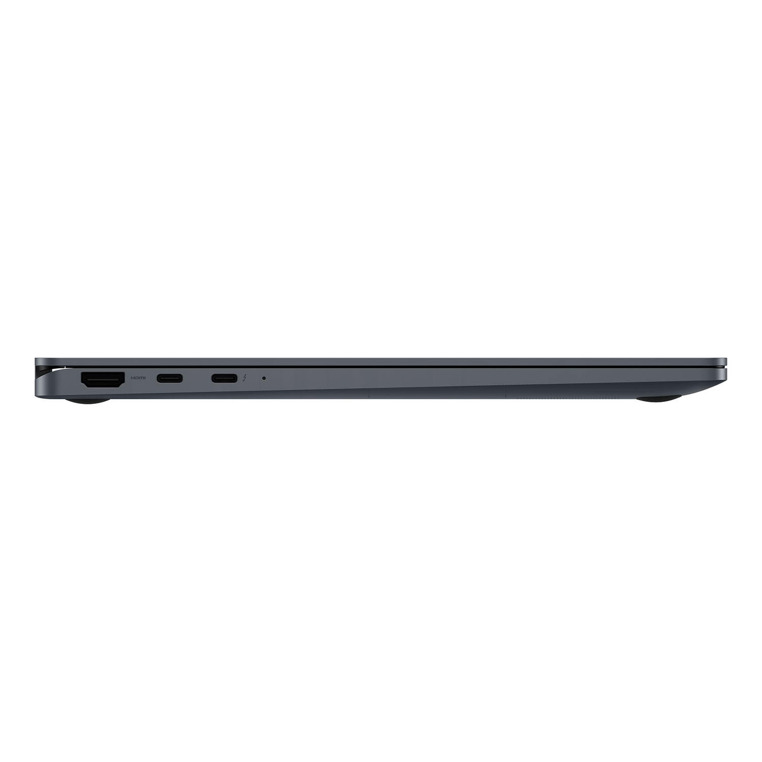 Widok z boku szarego laptopa. Widoczne porty to HDMI, USB-C. Laptop jest zamknięty, ukazując smukły profil na białym tle.