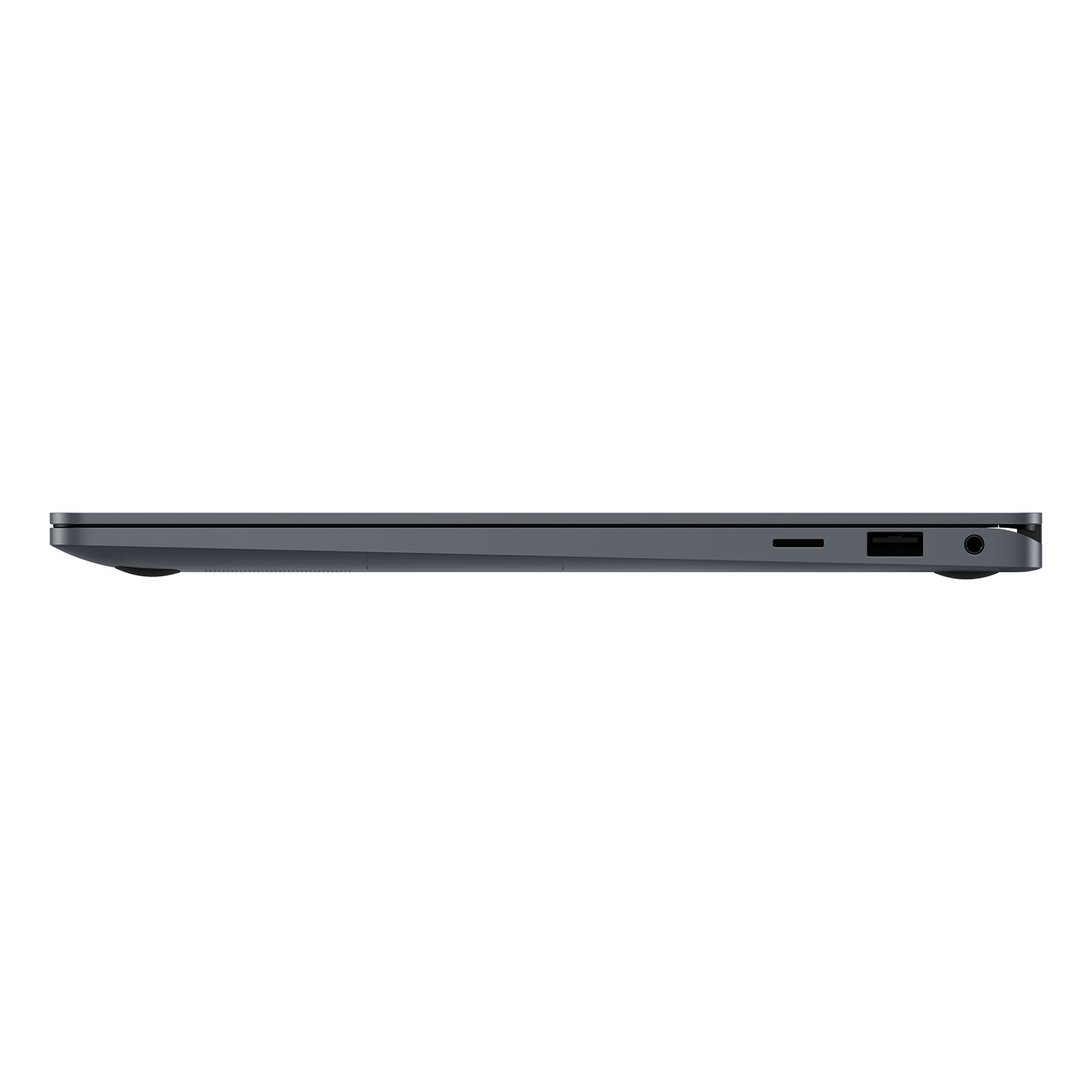 Widok z boku ciemnoszarego laptopa. Widoczne porty to USB, gniazdo słuchawkowe i gniazdo kart. Tło jest białe.