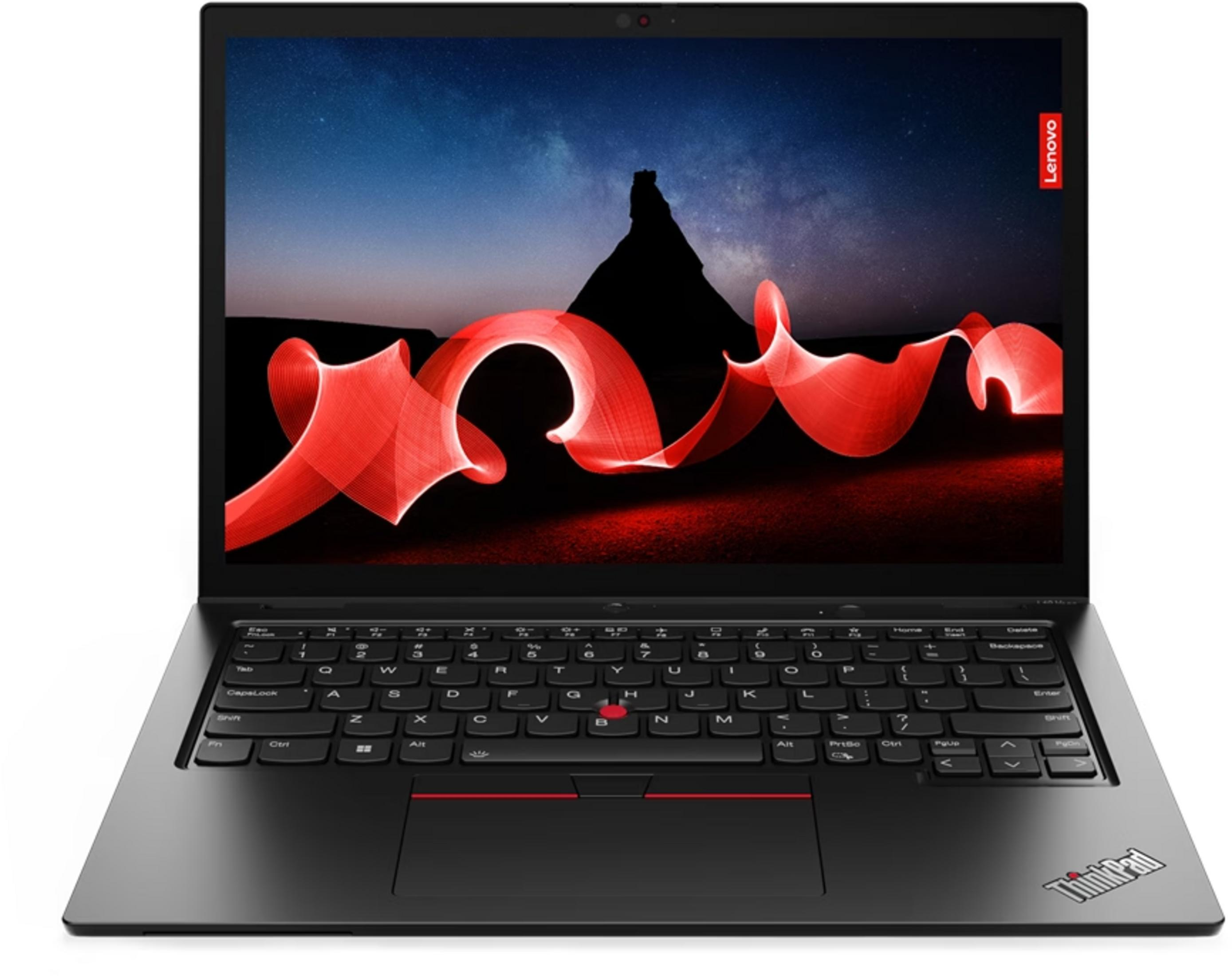 Czarny laptop Lenovo ThinkPad. Ekran wyświetla nocne niebo i czerwone smugi światła. Widoczna klawiatura.