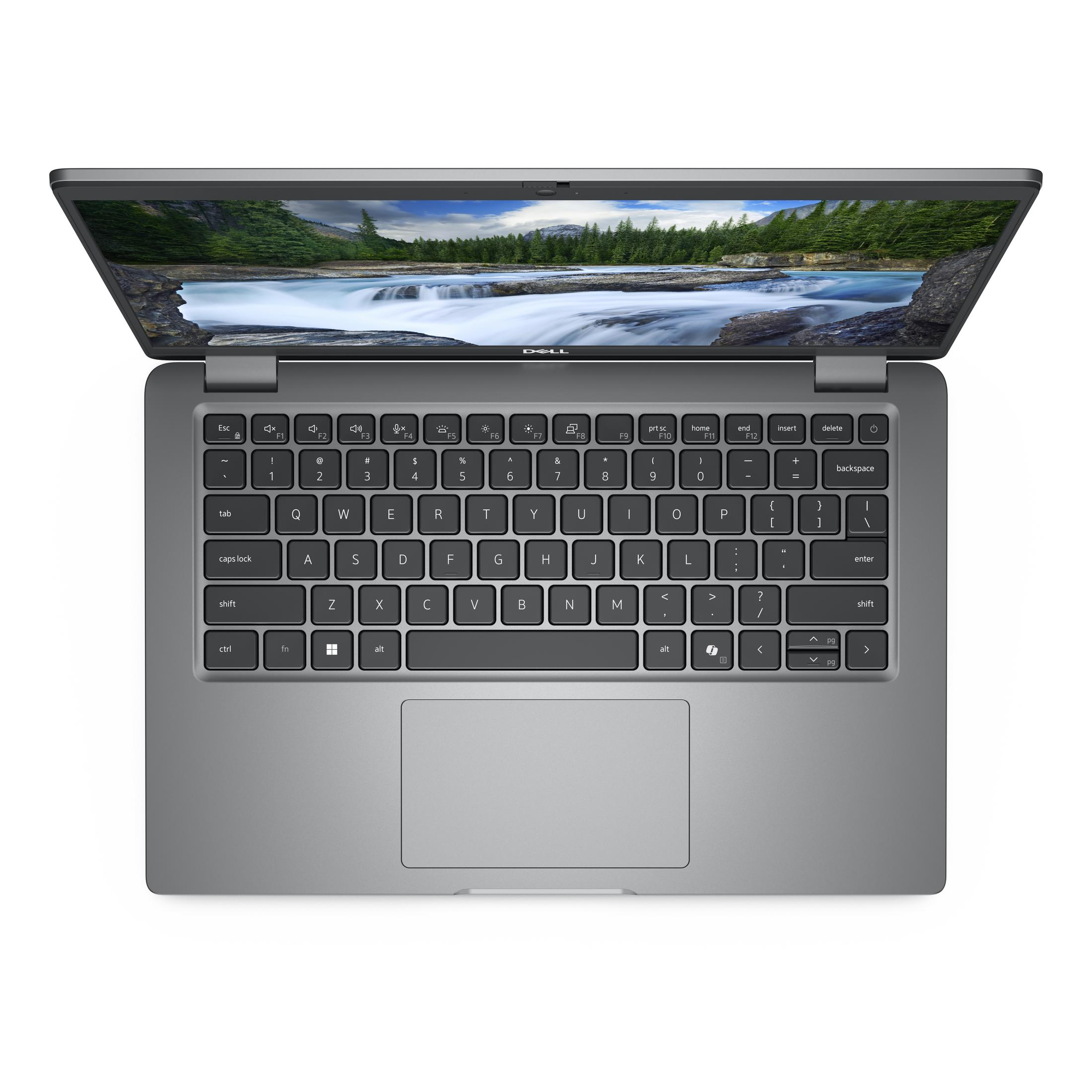 Ein grauer Dell-Laptop ist geöffnet und zeigt die Tastatur und einen Bildschirm mit einer Wasserfallszene.