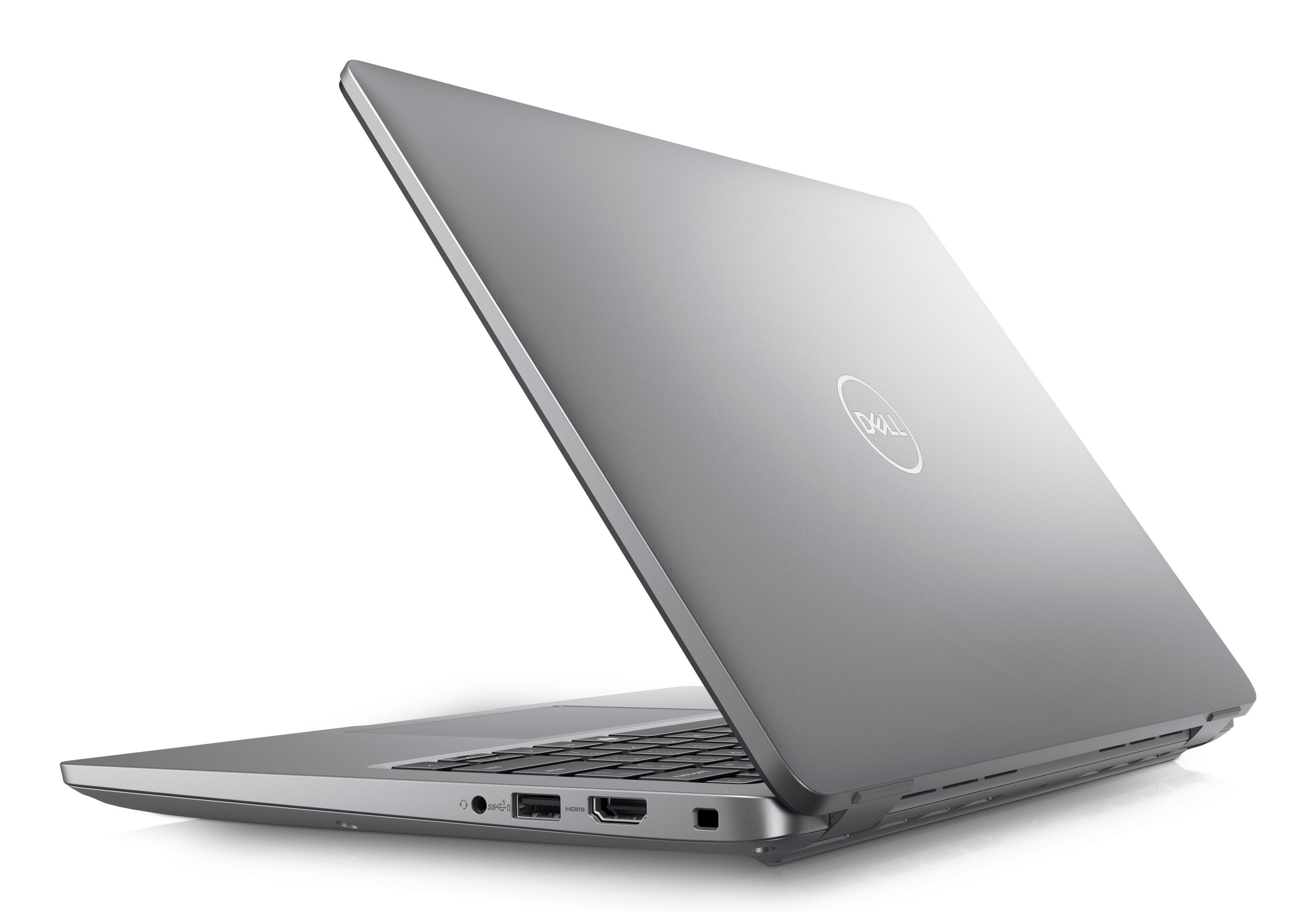 Ein silberner Dell-Laptop ist geöffnet. Der Bildschirm ist nach oben abgewinkelt und zeigt das Dell-Logo.