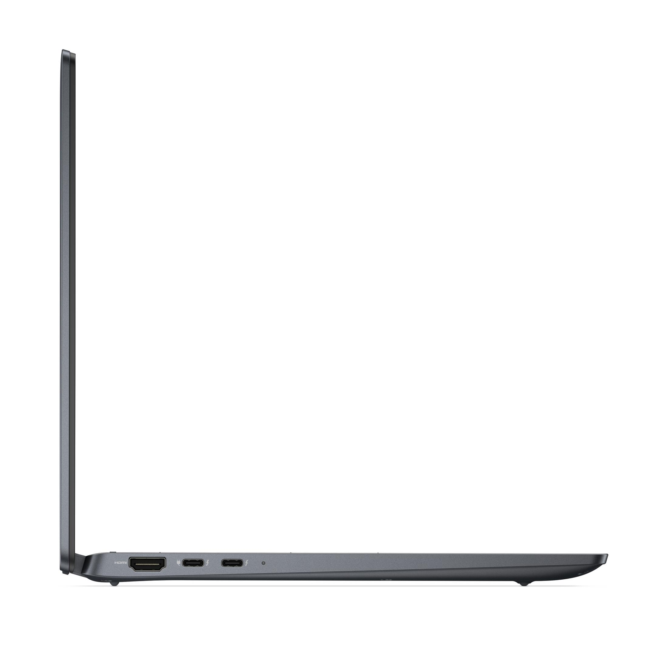 Vista laterale di un laptop grigio. È chiuso, mostra porte e un profilo sottile su sfondo bianco.