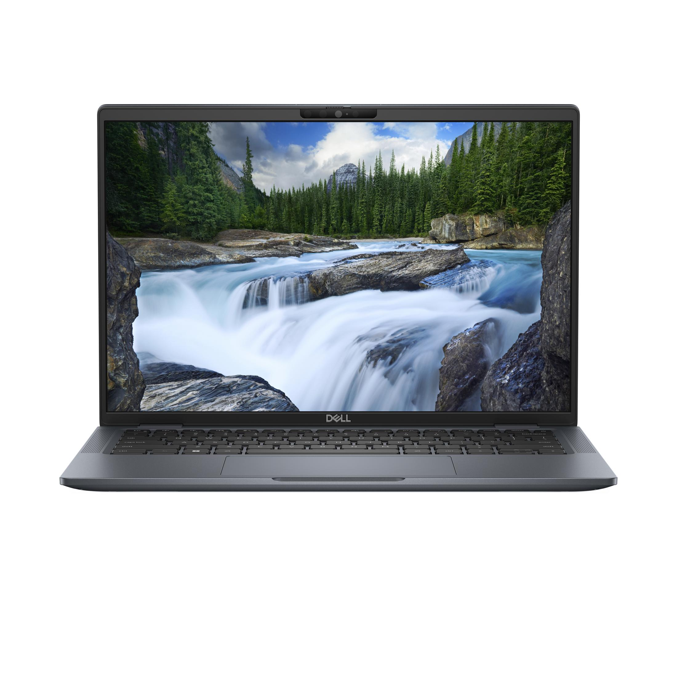 Un laptop Dell mostra una scena di cascata. Il laptop è aperto, mostrando la tastiera e lo schermo. Sfondo bianco.