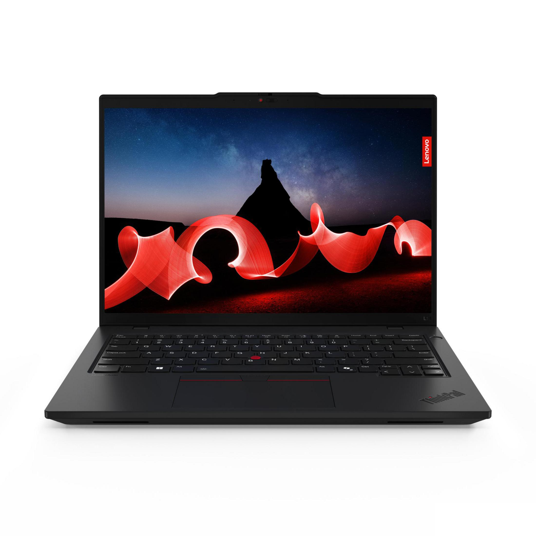 Laptop Lenovo nero. Lo schermo mostra un cielo notturno con scie di luce rossa. Tastiera visibile. Logo Lenovo laterale.
