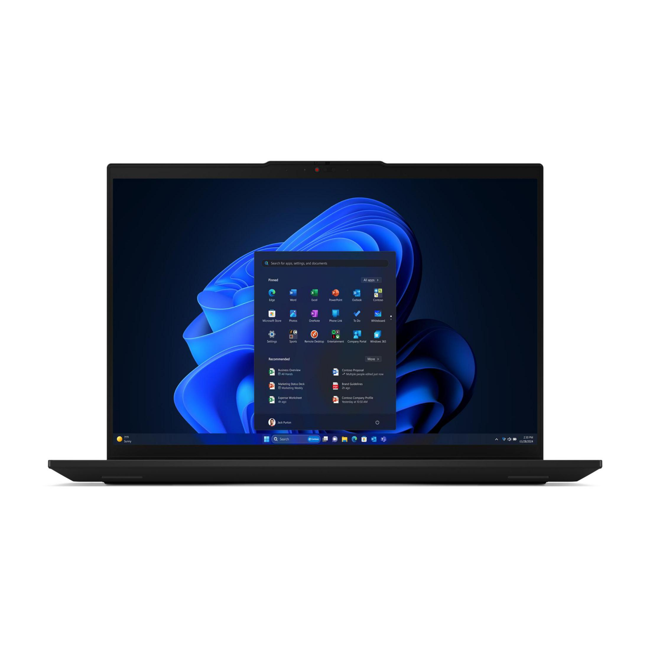 Un laptop nero mostra il menu Start di Windows 11. Sono visibili icone di app come Word, Excel e Outlook. L'ora è 14:30.