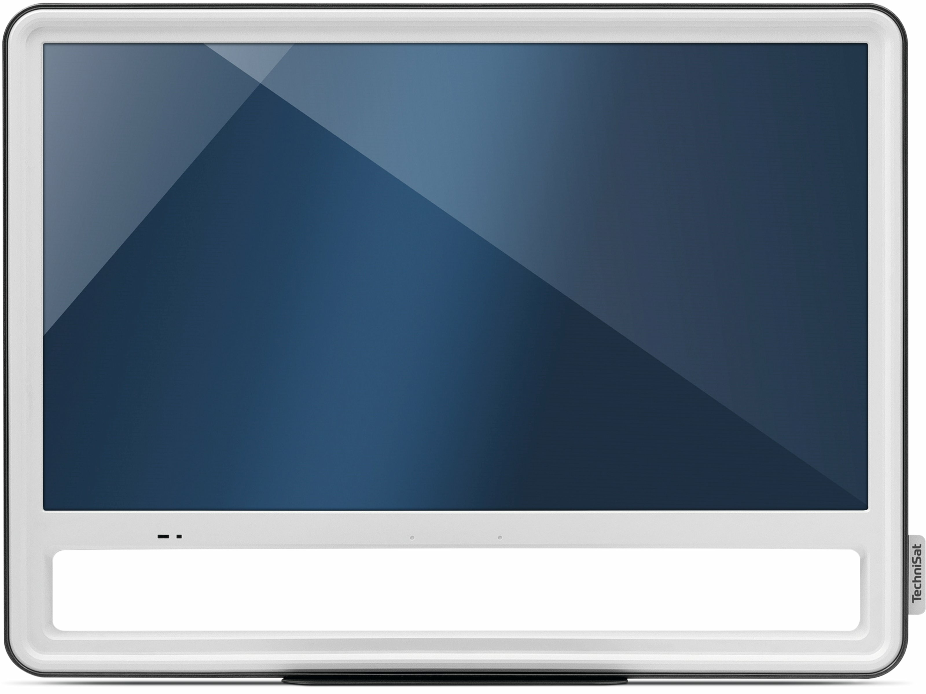 Telewizor w białej ramie z ciemnoniebieskim ekranem. Przekątna dzieli ekran na dwie części.