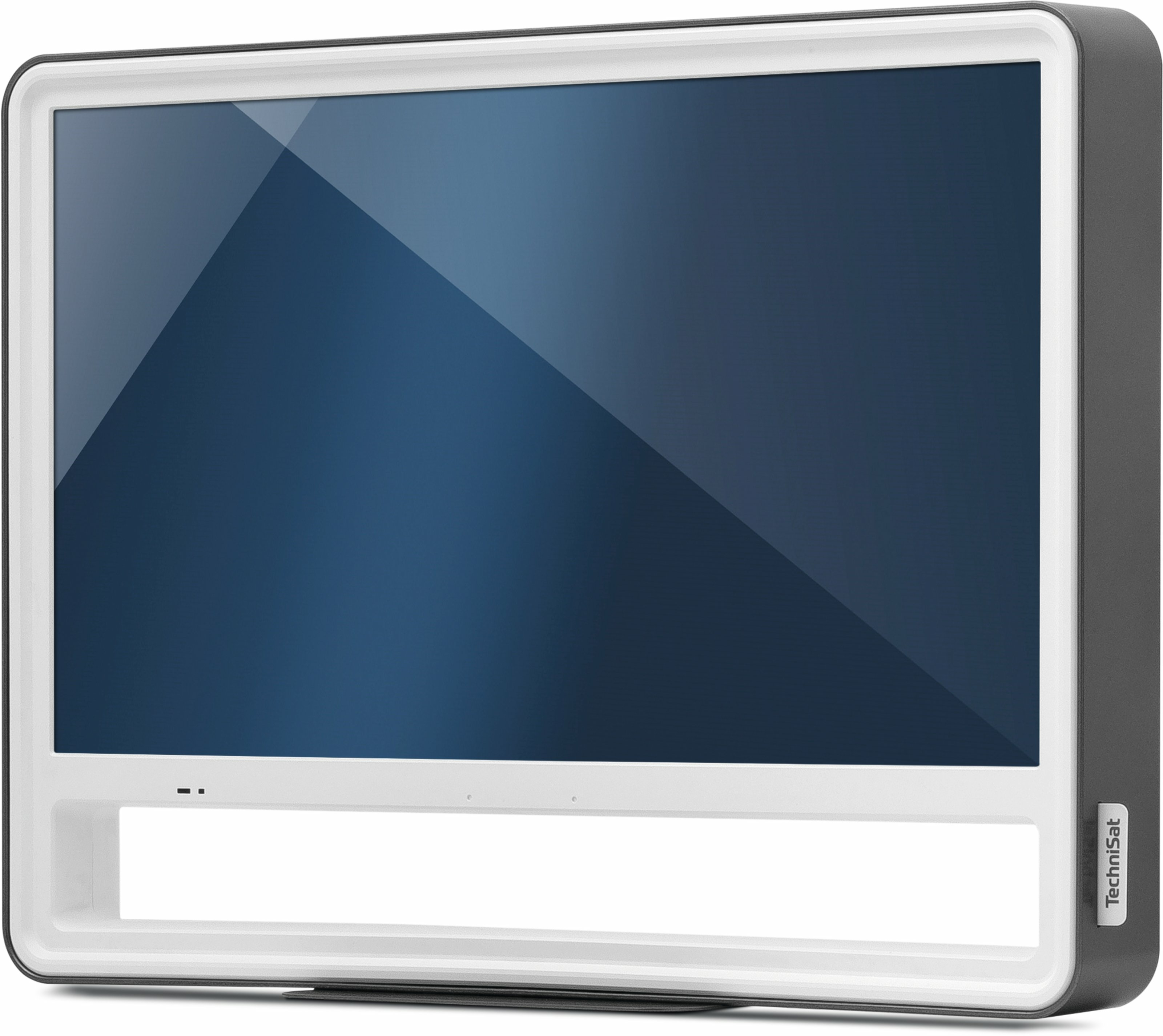 Telewizor z płaskim ekranem z ciemnoniebieskim ekranem, białą ramką i ciemnoszarym tyłem. Marka widoczna.