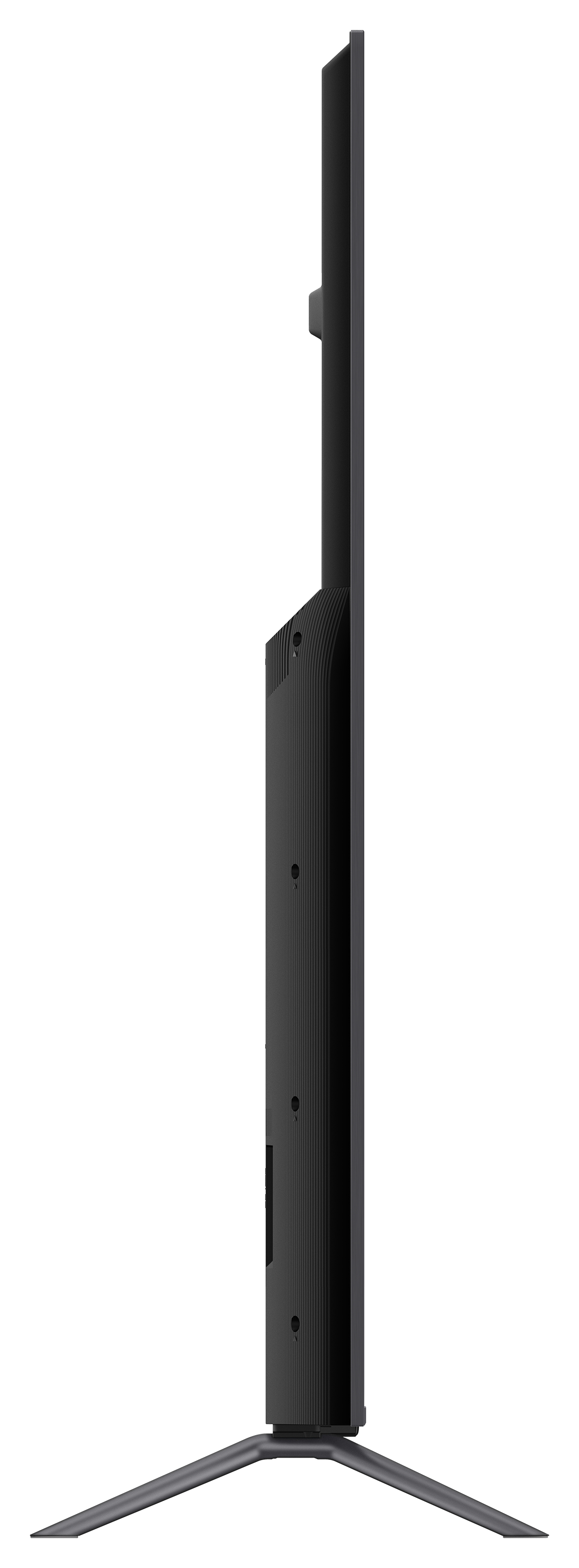 Vista lateral de un televisor negro. La pantalla es delgada, con un soporte en la parte inferior. El fondo es blanco.