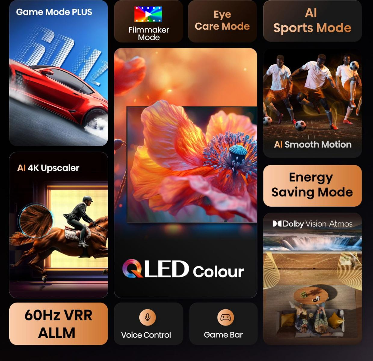 Reklama prezentująca telewizor QLED z funkcjami takimi jak tryb gry, tryb filmowca, tryb sportowy AI i inne, z powiązanymi obrazami.