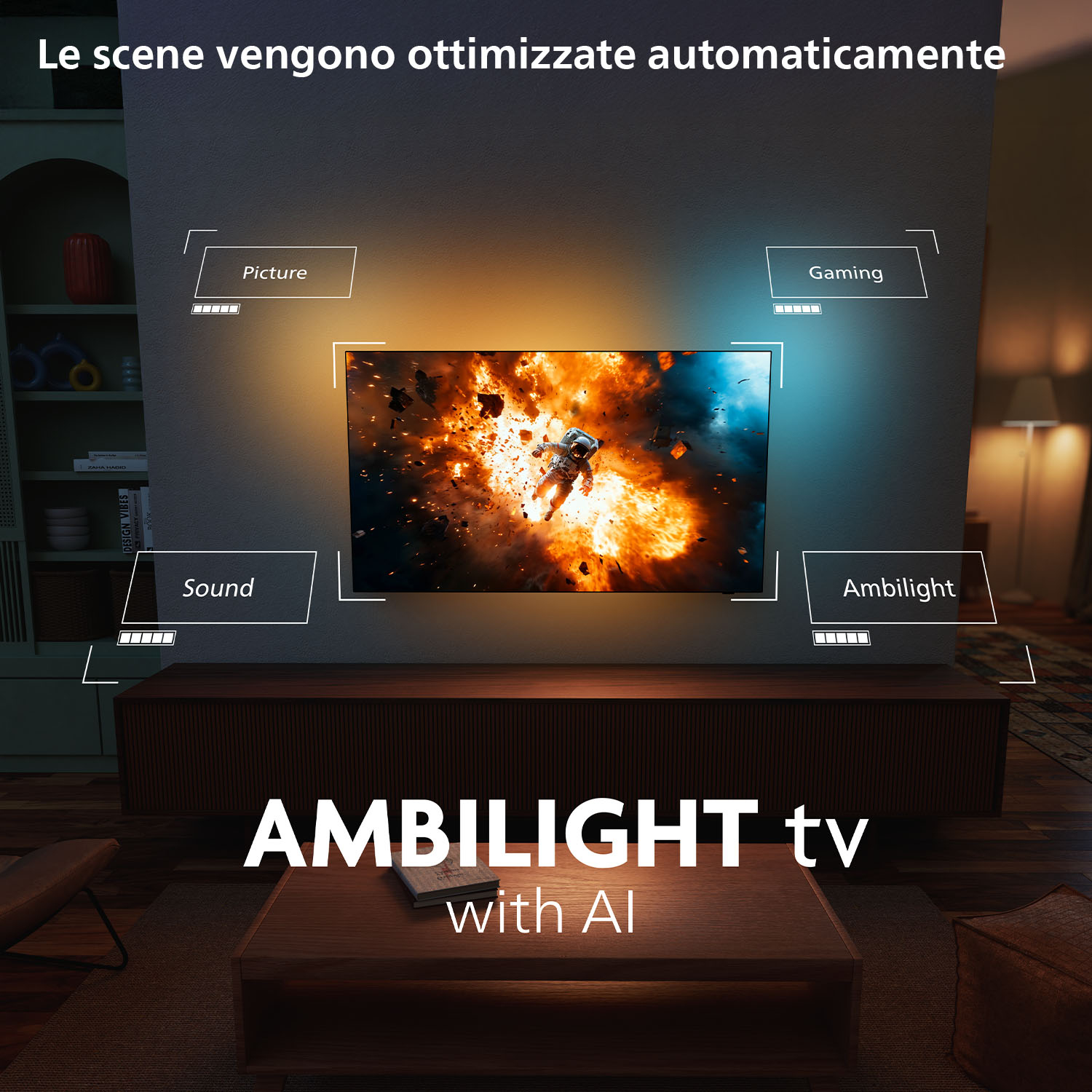 Telewizor pokazuje astronautę w eksplozji. Scena w salonie, z tekstem wskazującym 'Picture', 'Gaming', 'Sound' i 'Ambilight'.