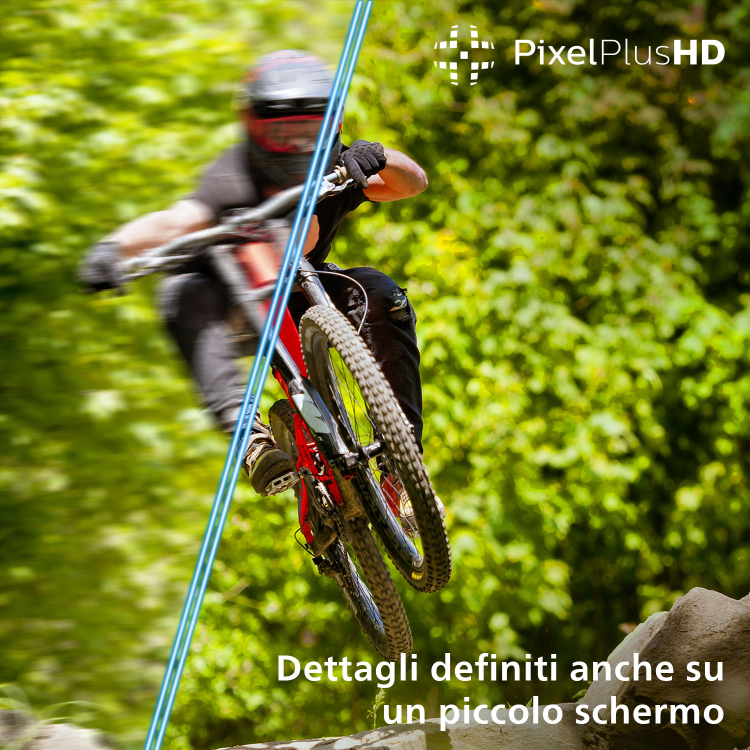 Kolarz górski w ruchu, rozmyte tło zielonych liści. Rower jest czerwono-czarny. Kolarz ma na sobie kask.