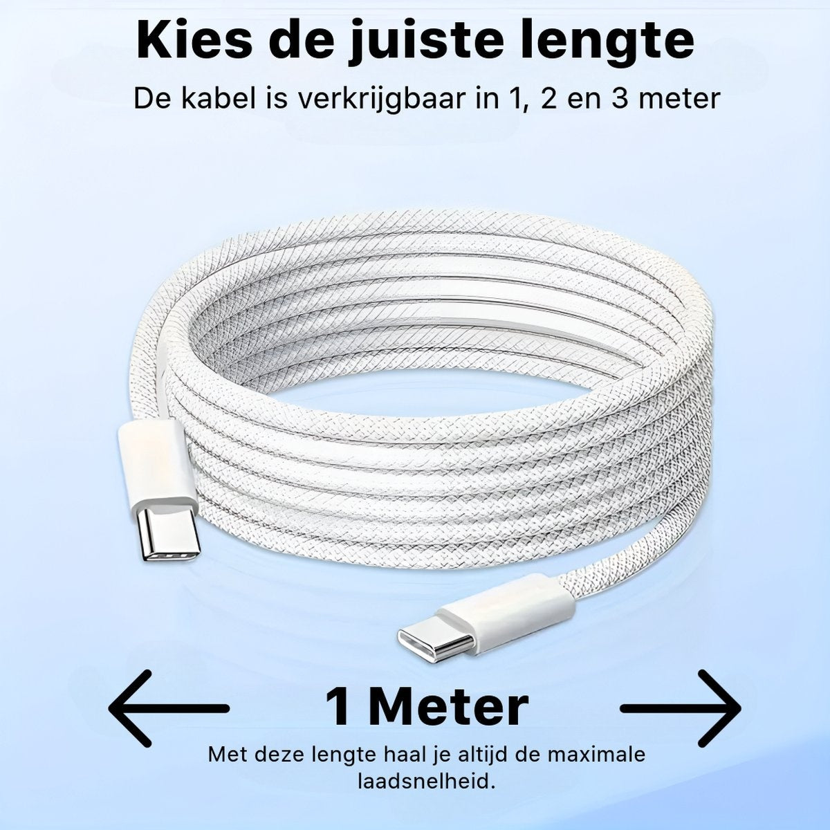 Witte opgerolde kabel met connectoren. Tekst geeft opties van 1, 2 en 3 meter aan. De focus ligt op de 1-meter optie.