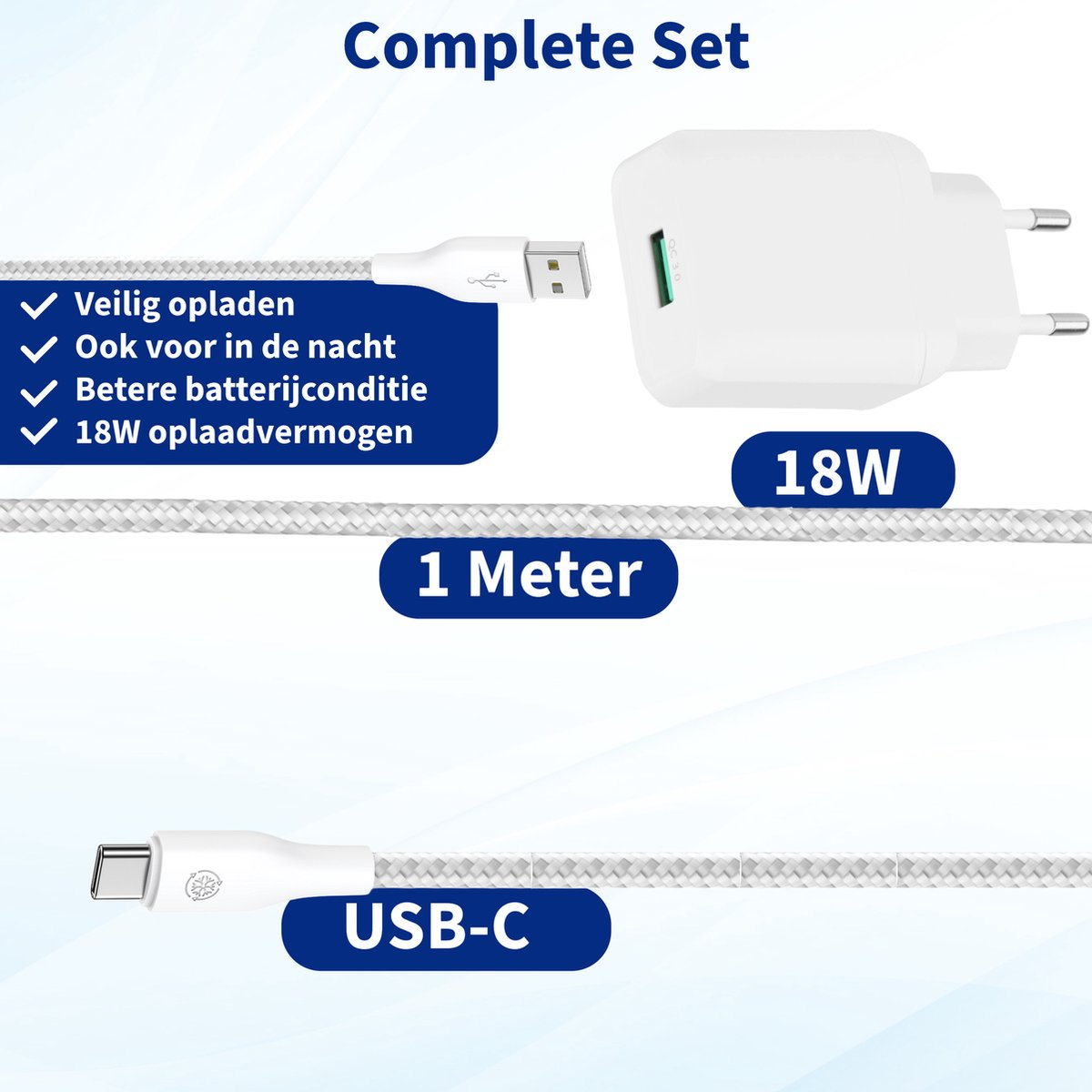Afbeelding toont een witte oplaadset. Het bevat een oplader, USB-kabel en tekst die functies beschrijft zoals veilig opladen en 18W vermogen.