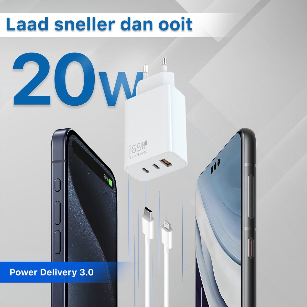 Image shows a phone charger and two phones. Text: '20W', 'Laad sneller dan ooit', and 'Power Delivery 3.0'.