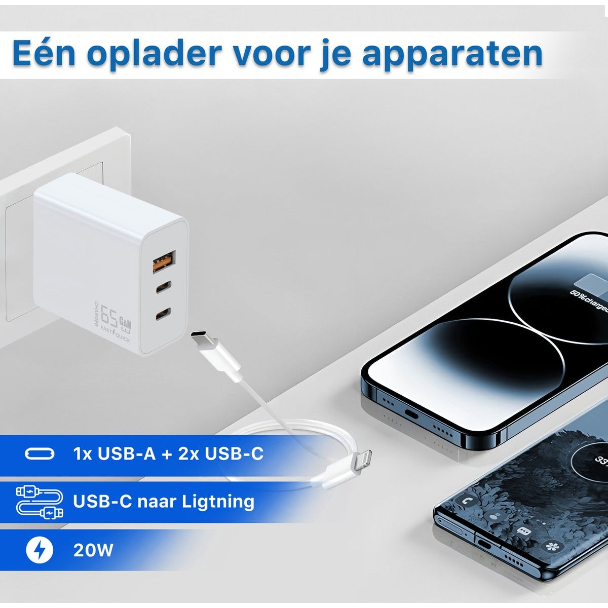 A white charger plugged in, with two phones charging. Text on the charger reads '65W'. Cable and icons for USB and charging.