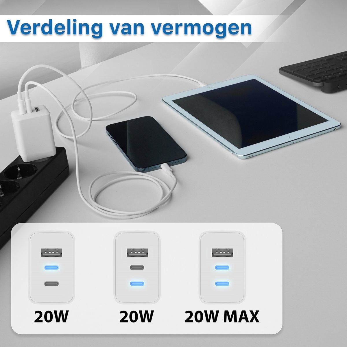 Devices charging: phone, tablet. Chargers and power strip with 20W and 20W MAX USB ports. Text: Verdeling van vermogen.