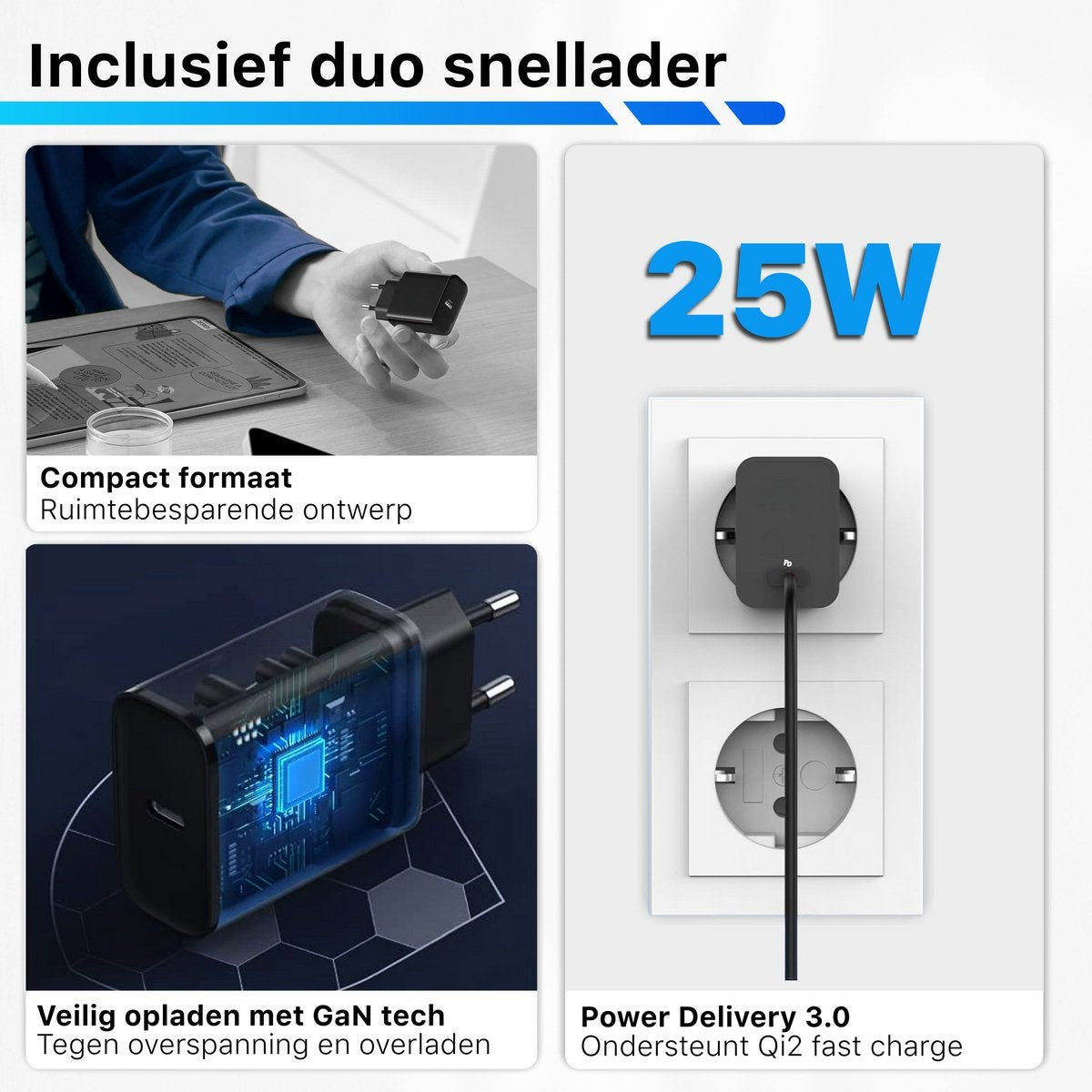 Afbeelding toont een dual charger met tekst die functies beschrijft zoals GaN tech en Power Delivery 3.0. Een 25W label is prominent aanwezig.