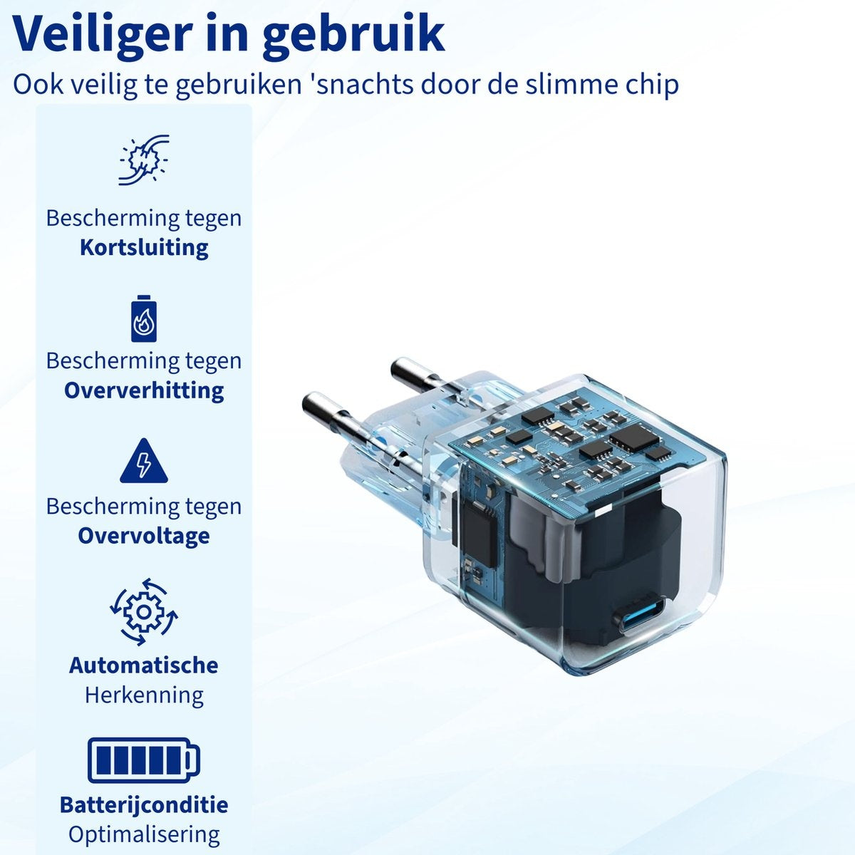 Een transparante voedingsadapter met een printplaat, naast pictogrammen en tekst die veiligheidsfuncties beschrijven, zoals kortsluitingsbeveiliging.