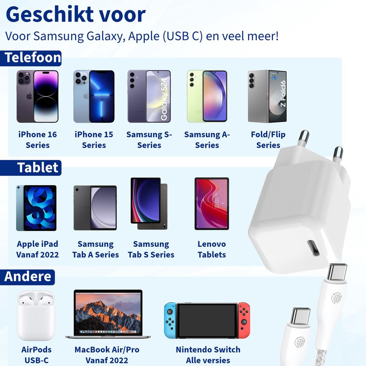 Afbeelding toont telefoons, tablets en accessoires, waaronder iPhones, Galaxy-telefoons, iPads en een Macbook. Ook een oplader en kabel.