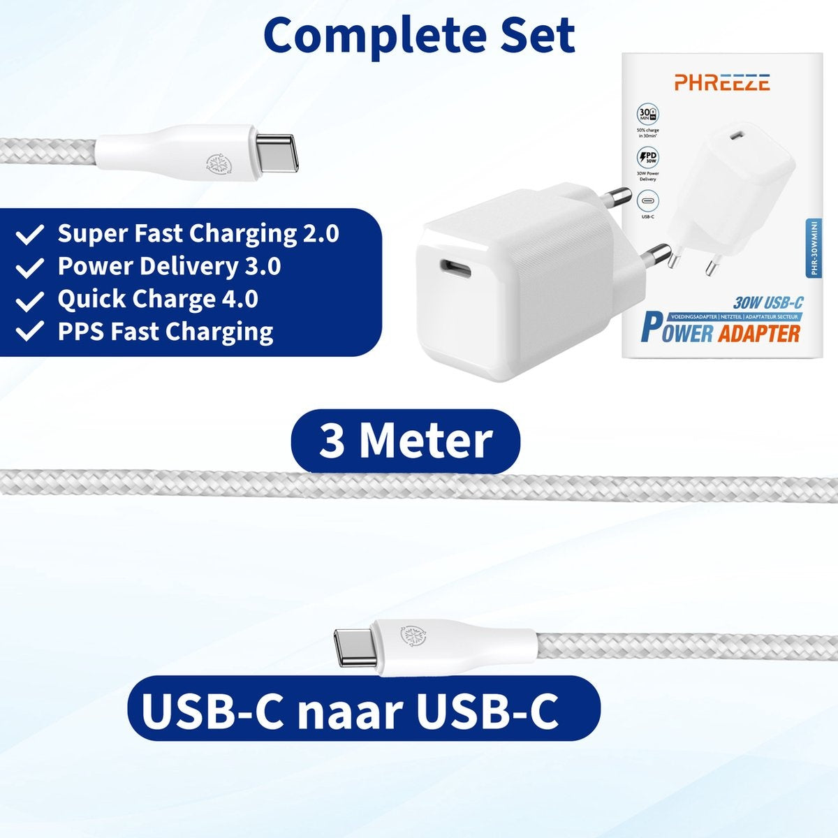 Witte USB-C oplader en kabelset. Tekst geeft snellaadmogelijkheden en 3 meter kabellengte aan.